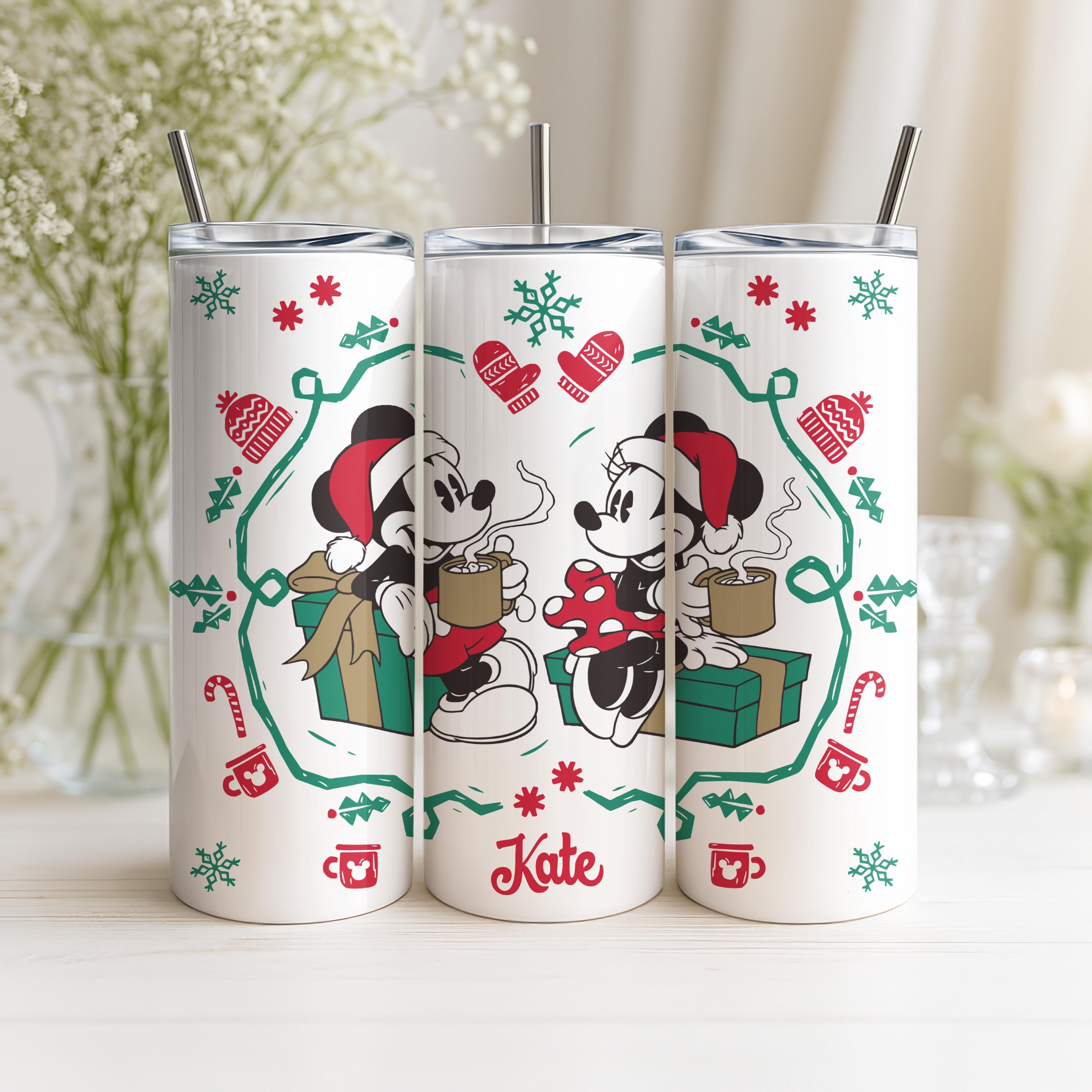 Customized Mickey and  Minnie Mouse Hot Cocoa Tumbler, Christmas Couple Gifts, Disney Christmas 20 oz Tumbler Cup, Xmas Couple Tumbler Gifts