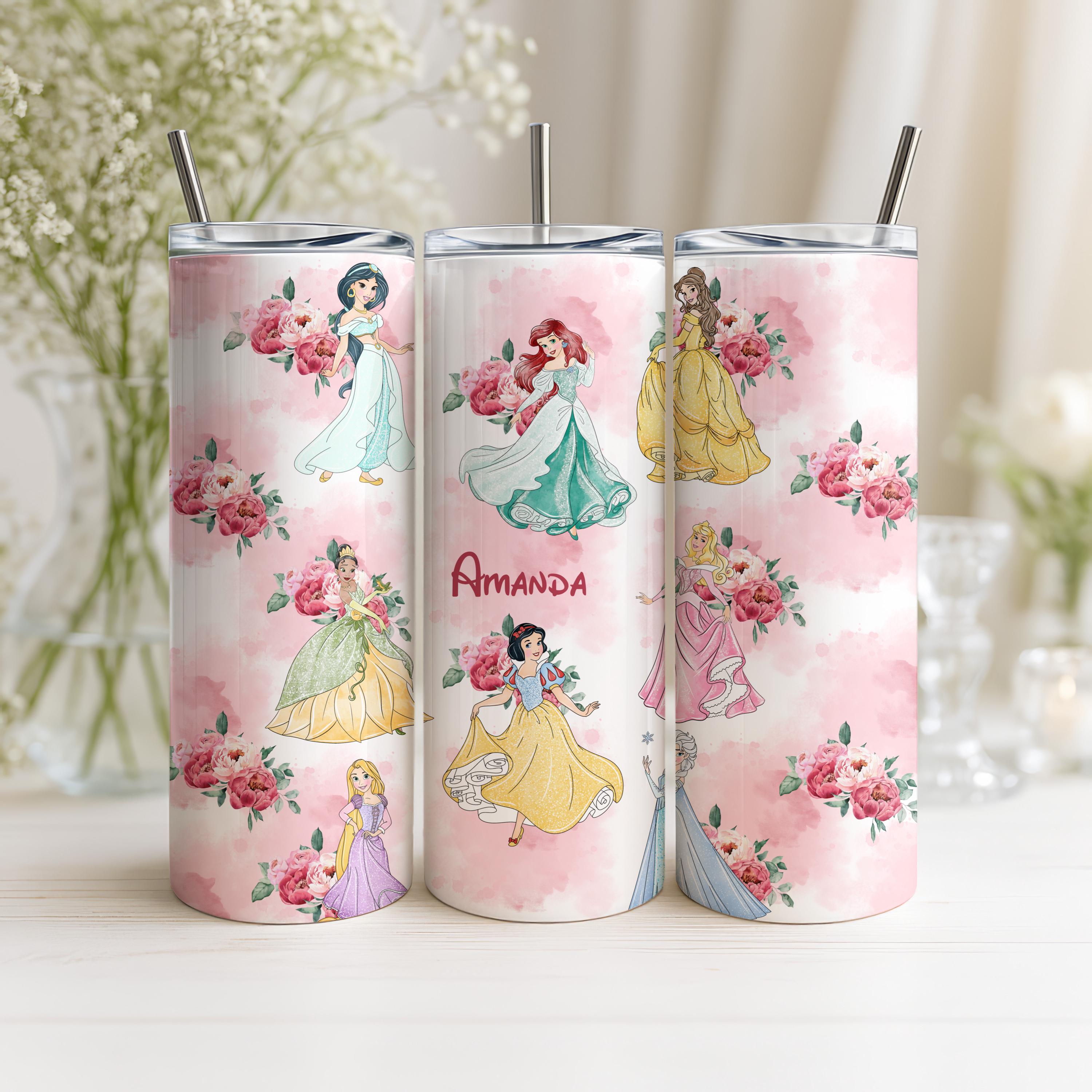 Personalized Floral Disney Princess Tumbler, Customized Name Disney Cup, Disney Trip Gift for Girls, Disney Princess Birthday Tumbler Gifts