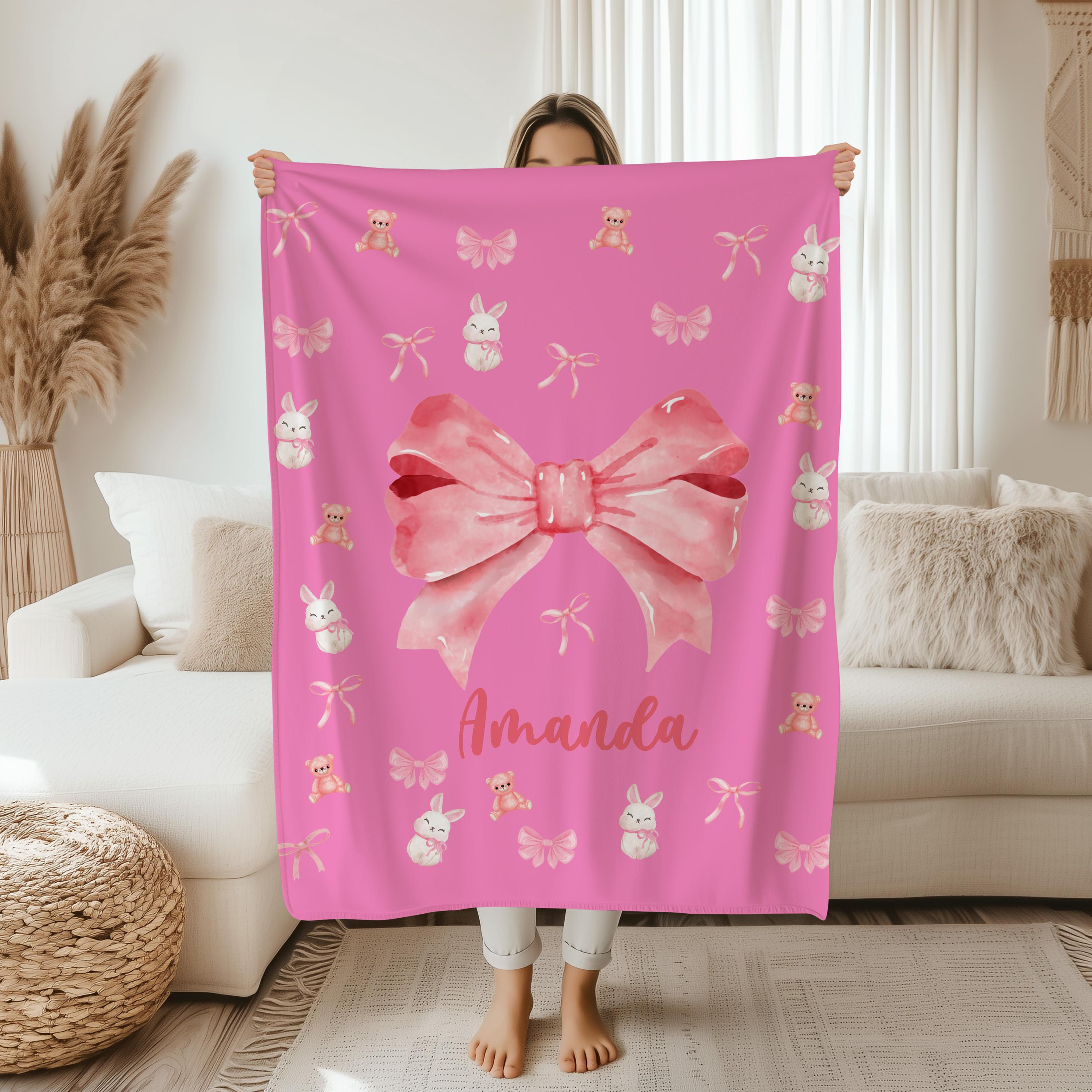 Personalized Pink Bow Patterns Blanket with Name,Pink Christmas Blanket for Kids and Friends,Custom Name Coquette Blanket,Pink Bow Blanket
