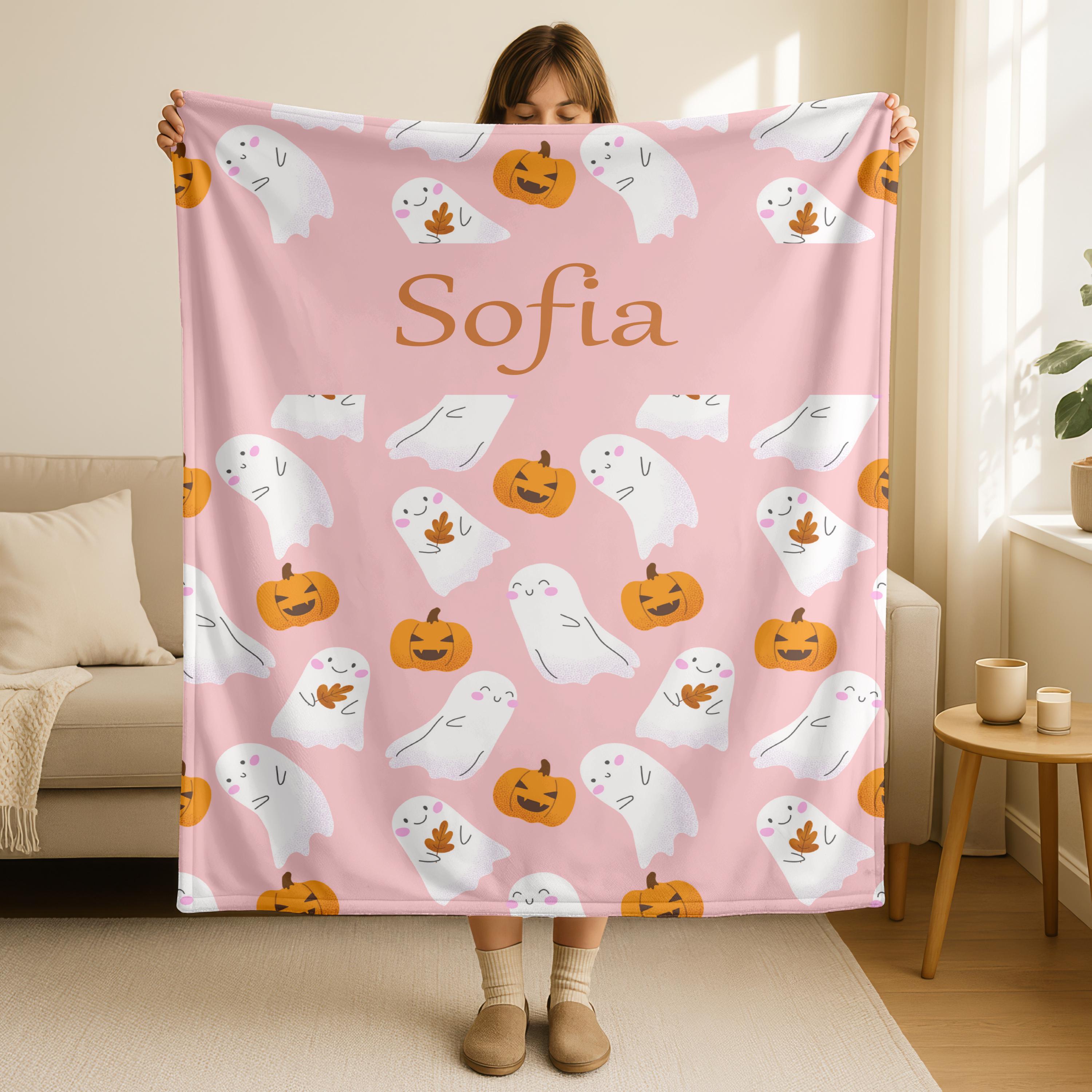 Custom Name Halloween Ghost Blanket,Personalized Halloween Blanket, Cute Ghost and Pumpkin Blanket, Cozy Halloween Velveteen Plush Blanket