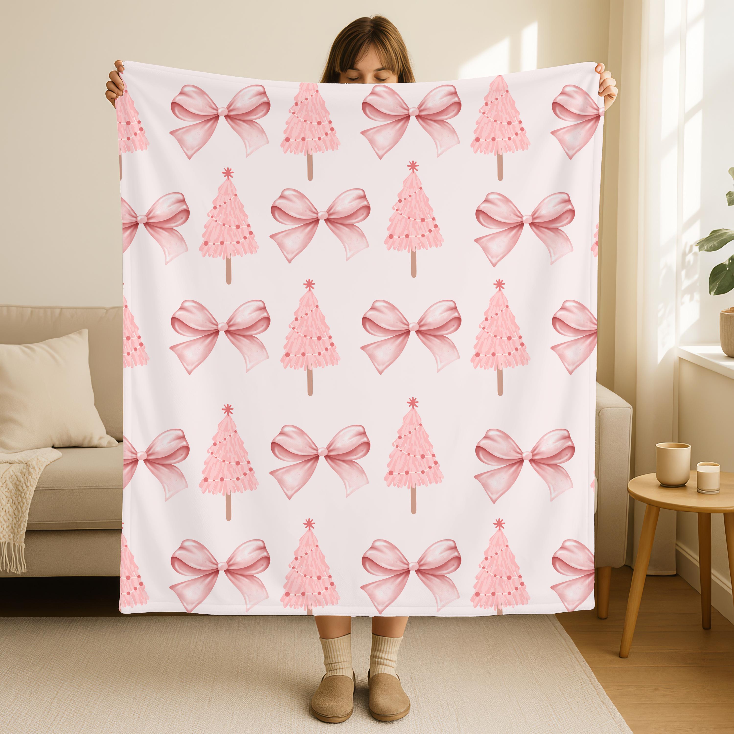 Preppy Pink Coquette Christmas Tree Blanket,Holiday Throw Pink Bow Christmas Decor,Cozy Christmas Gift,Kids Christmas Blanket,Baby Blanket