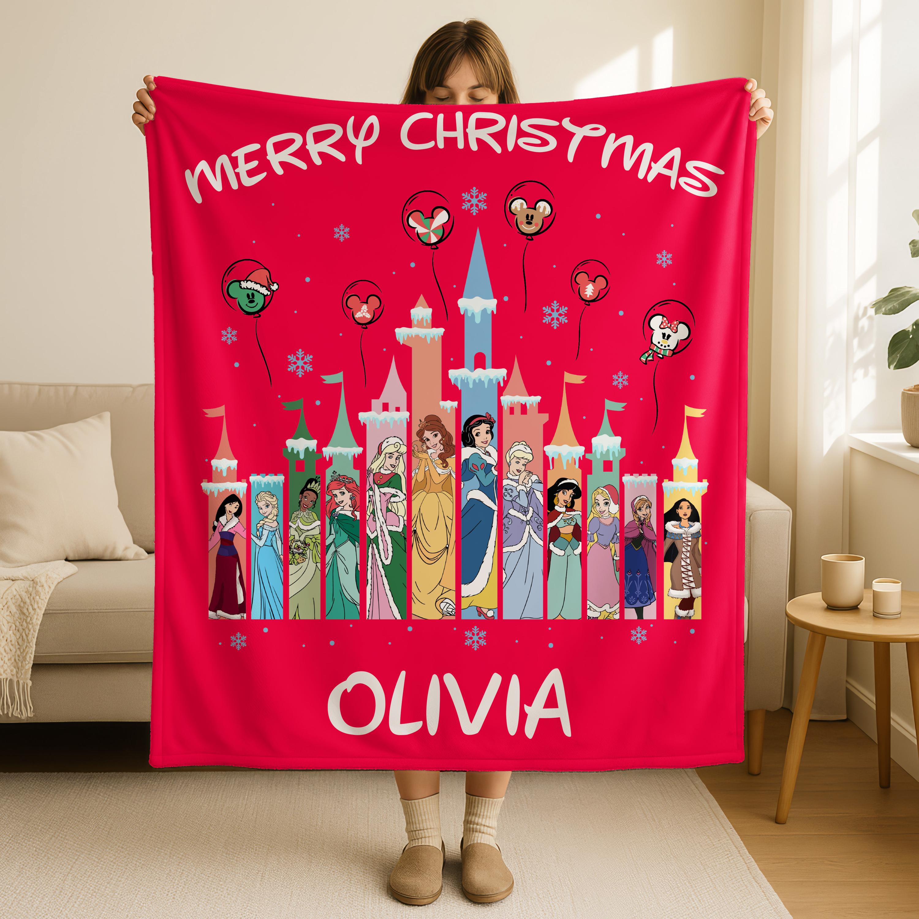 Personalized Disney Princess Christmas Blanket, Merry Christmas Princess Blanket, Baby Name Blanket, Snow White, Bella, Mulan, Ariel Gifts