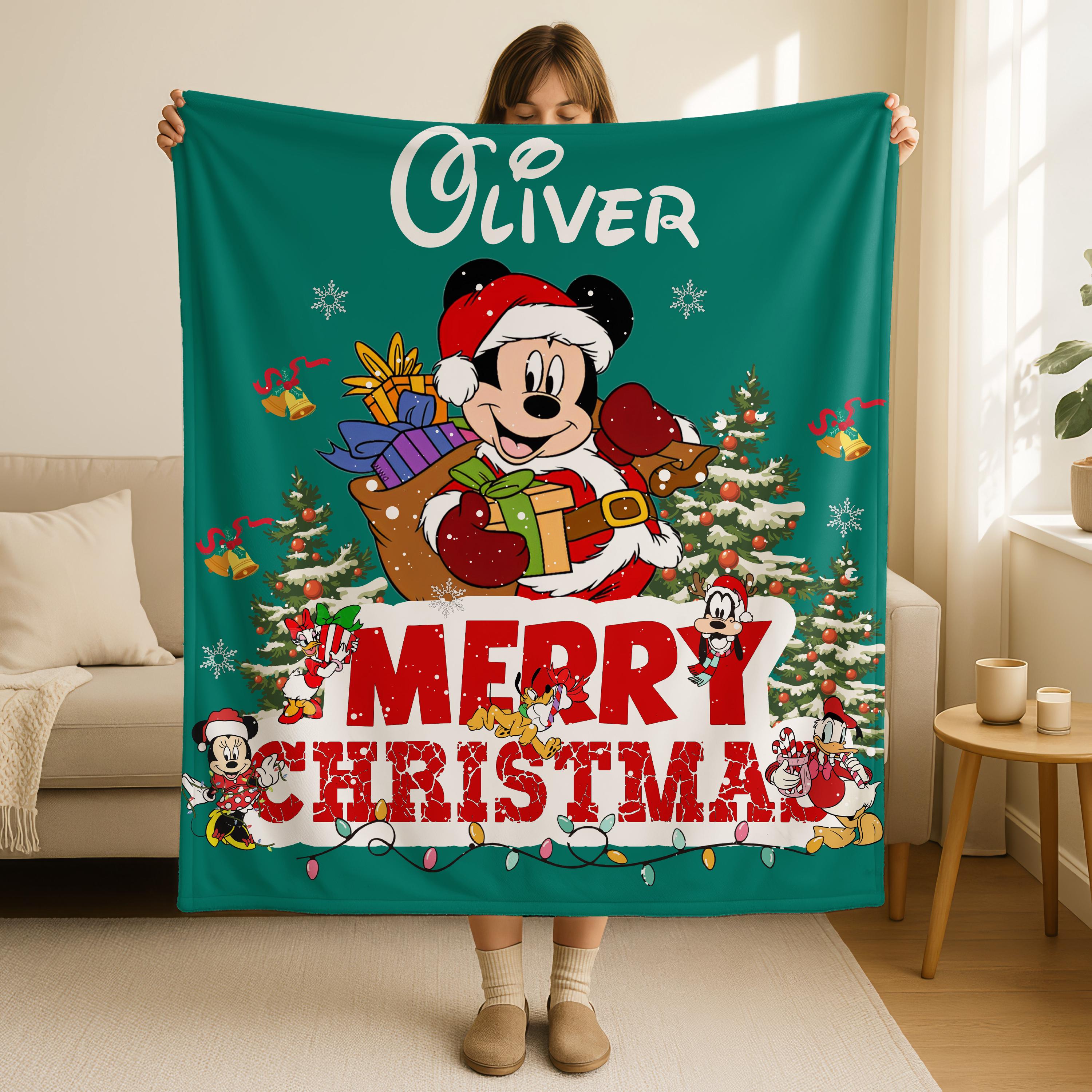 Personalized Merry Christmas Disney Blanket, Customized Mickey Mouse Blanket with Name, Soft Christmas Blanket, Holiday Fleece Blanket