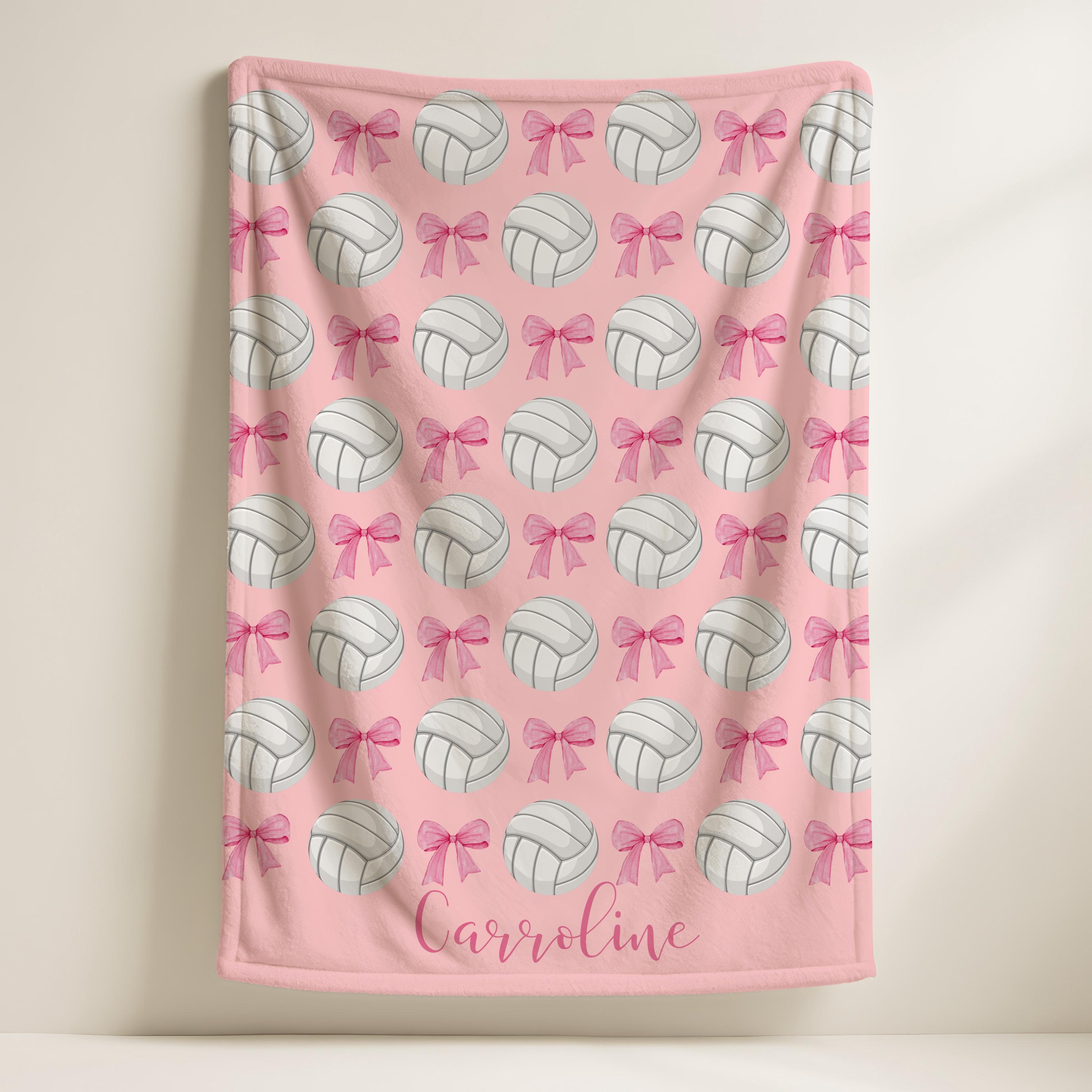 Personalized Volleyball and Coquette Bow Blanket,Plush Velveteen Sports Gift,Team Bows Design, Custom Throw,Custom Name Sporty Girl Gift