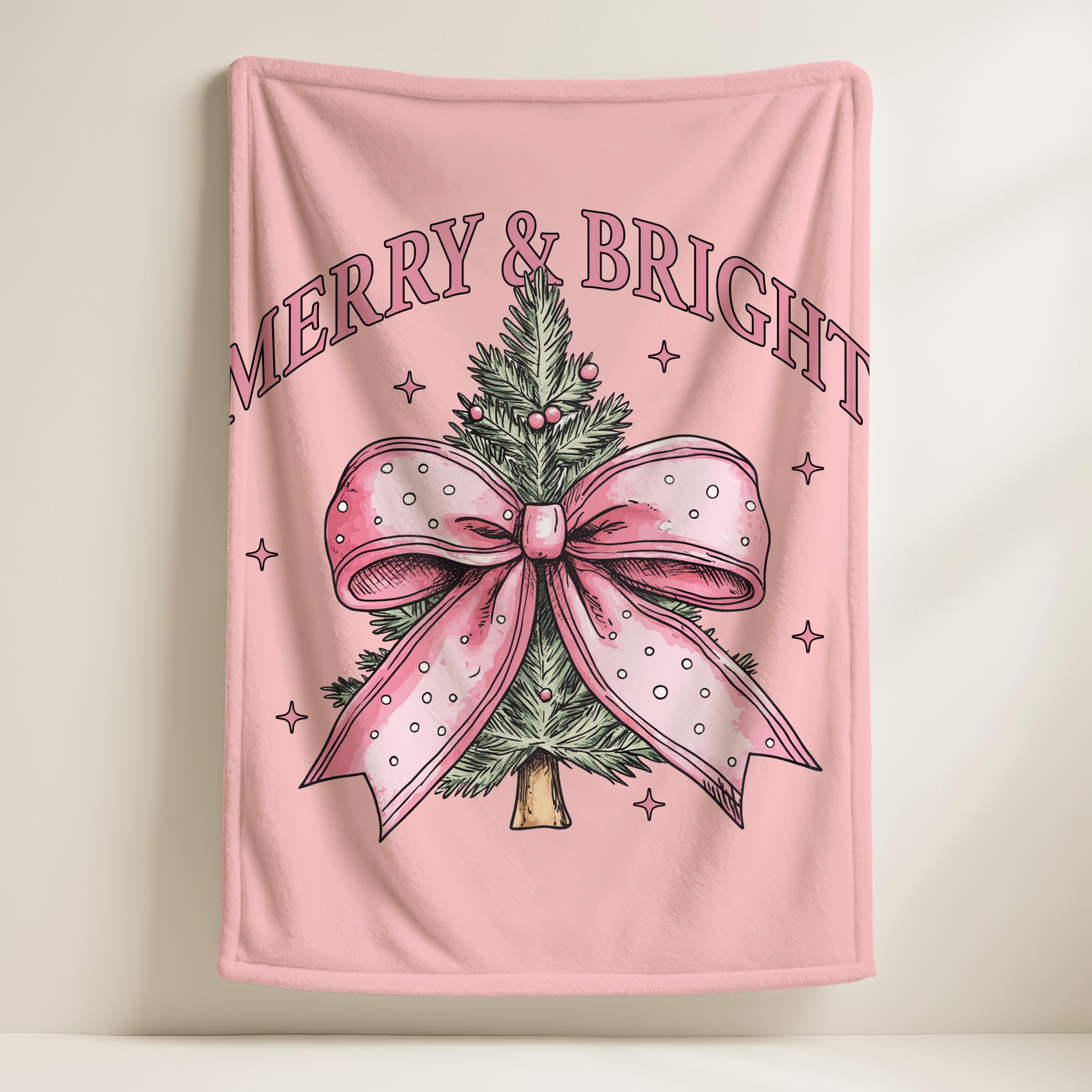 Girly Pink Coquette Bow Merry Bright Soft Throw Blanket,Coquette Baby Girl Nursery Blanket,Baby Shower Gift For Girls,Merry Christmas Gift