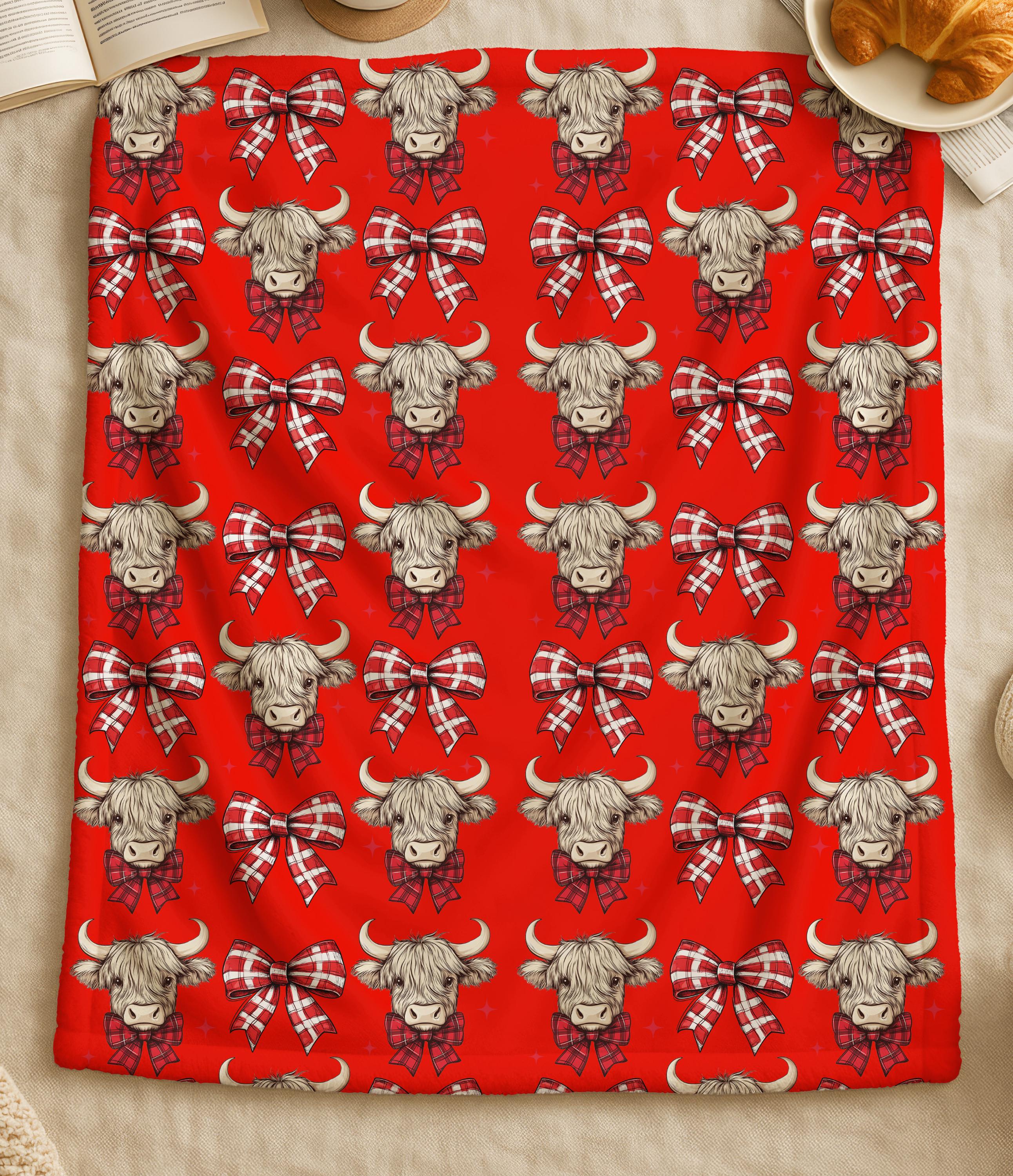 Christmas Highland Cow Blanket, Farmhouse Holiday Decor, Cows Lover Gift,Western Christmas Throw,Christmas Mooey Coquette Bow Fleeze Blanket