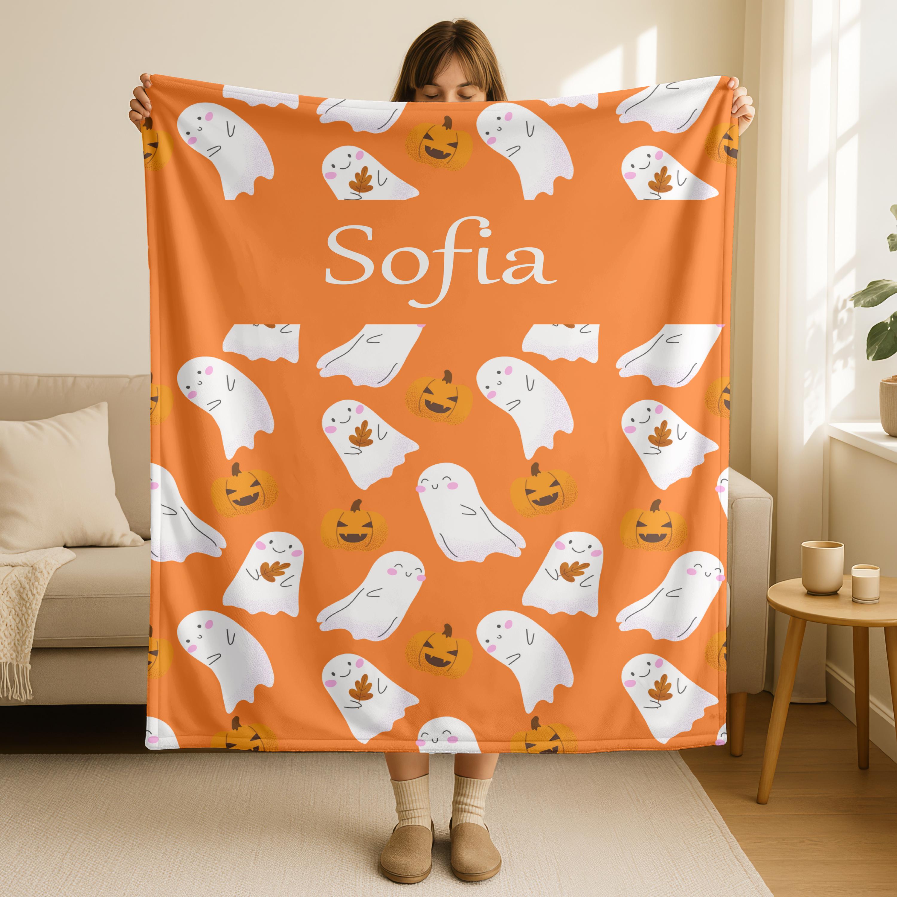 Custom Name Halloween Ghost Blanket,Personalized Halloween Blanket, Cute Ghost and Pumpkin Blanket, Cozy Halloween Velveteen Plush Blanket