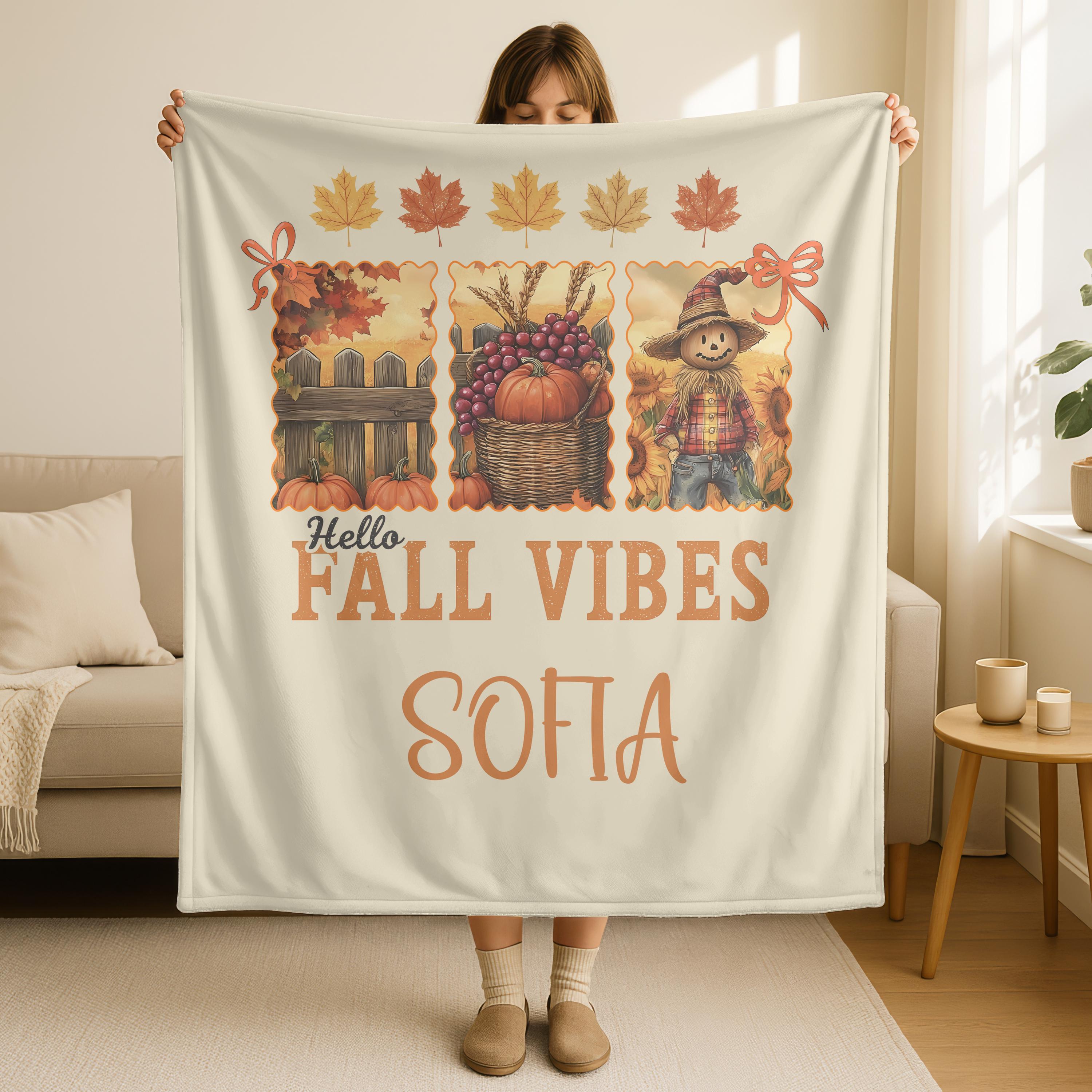Hello Fall Vibes Blanket, Custom Fall Pumpkin Blanket, Personalized Fall Farmhouse Blanket, Custom Autumn Throw Blanket, Thanksgiving Gift
