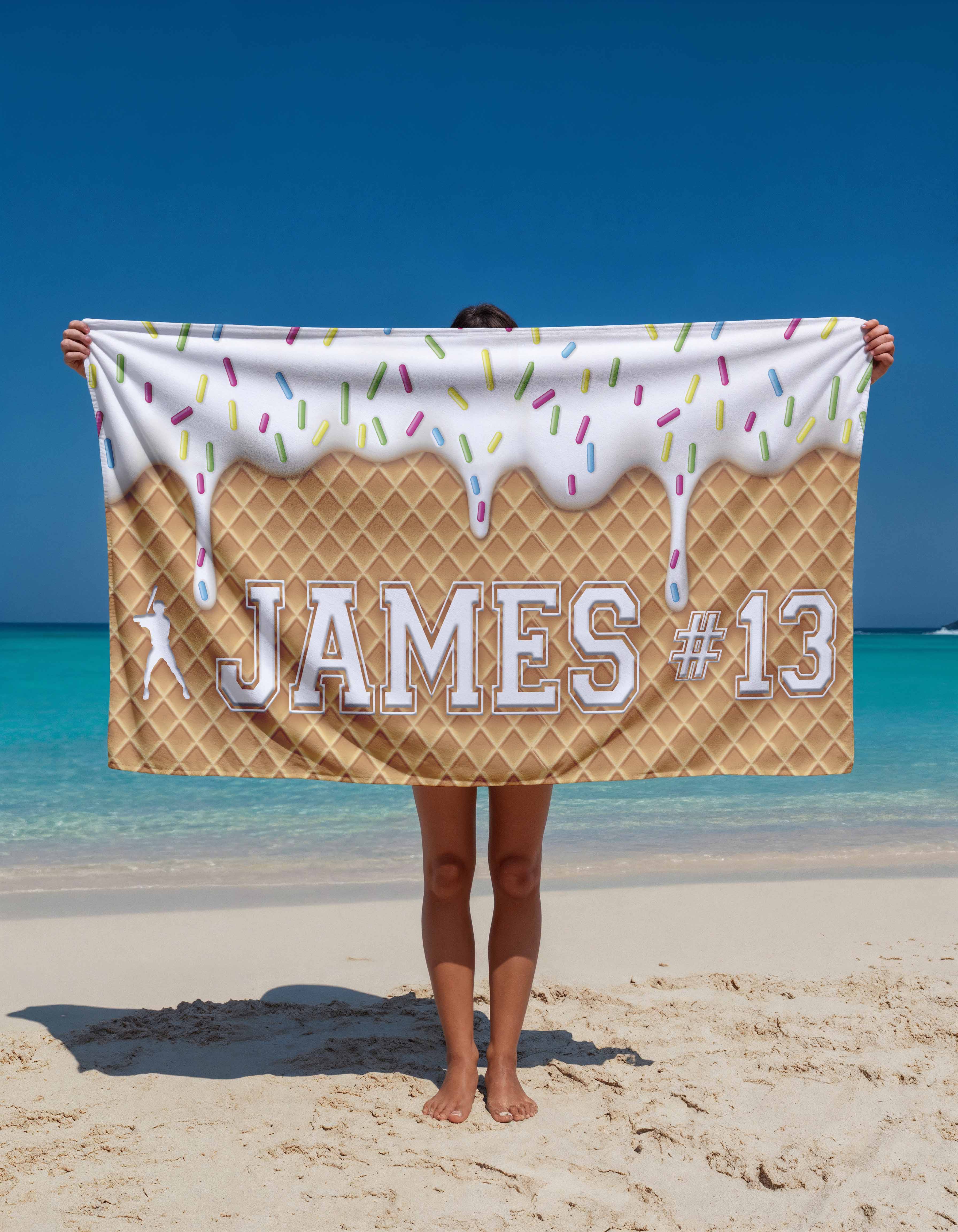 Personalized Ice Cream Waffle Beach Towel - Custom Name & Number Summer Gift - Soft Microfiber Sand-Free Towel for Kids & Adults