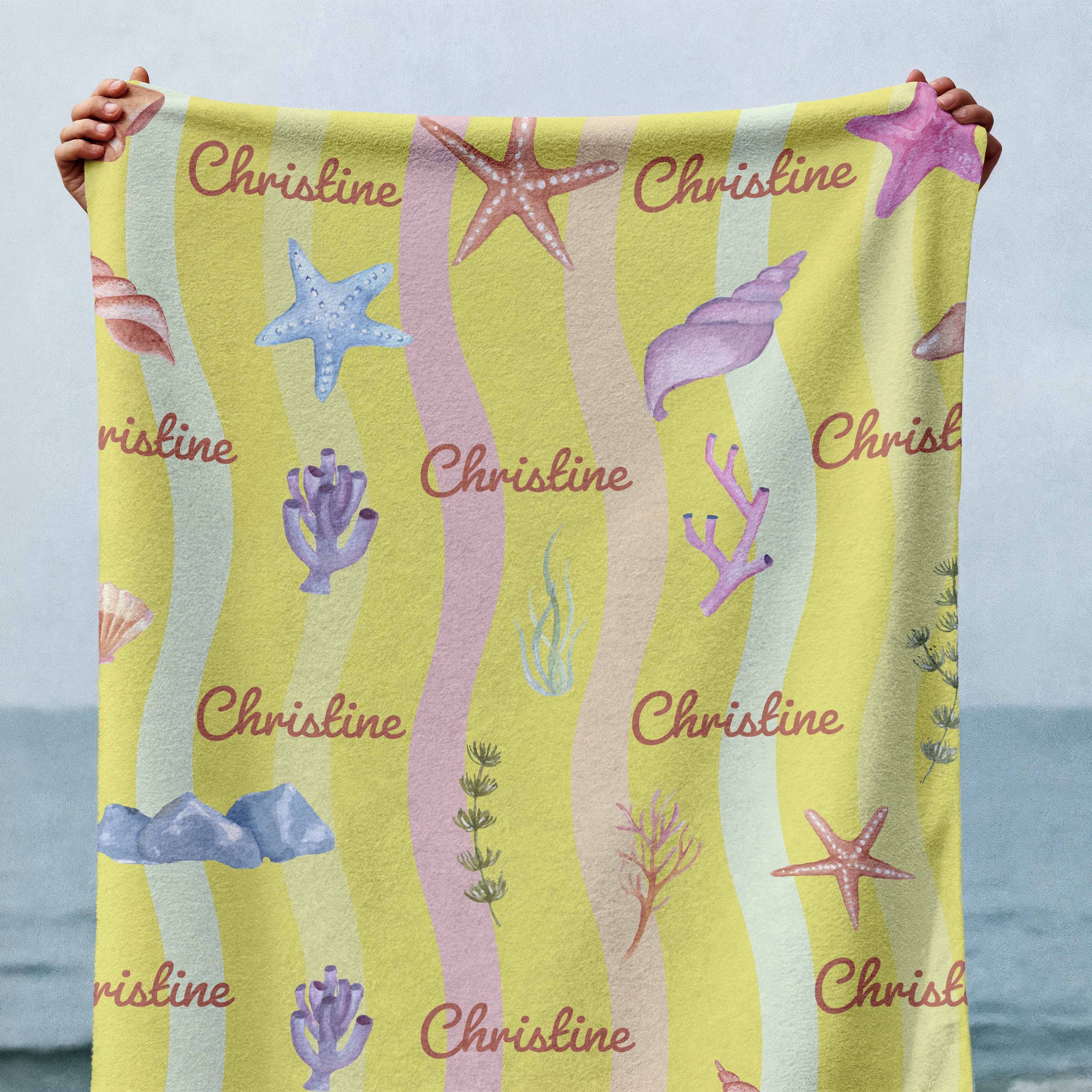 Personalized Coastal Vibes Beach Towel with Your Name - Soft Microfiber, Pastel Coral & Starfish Design ,Personalized Ocean Life Towel for Women/Teens, Summer Gift