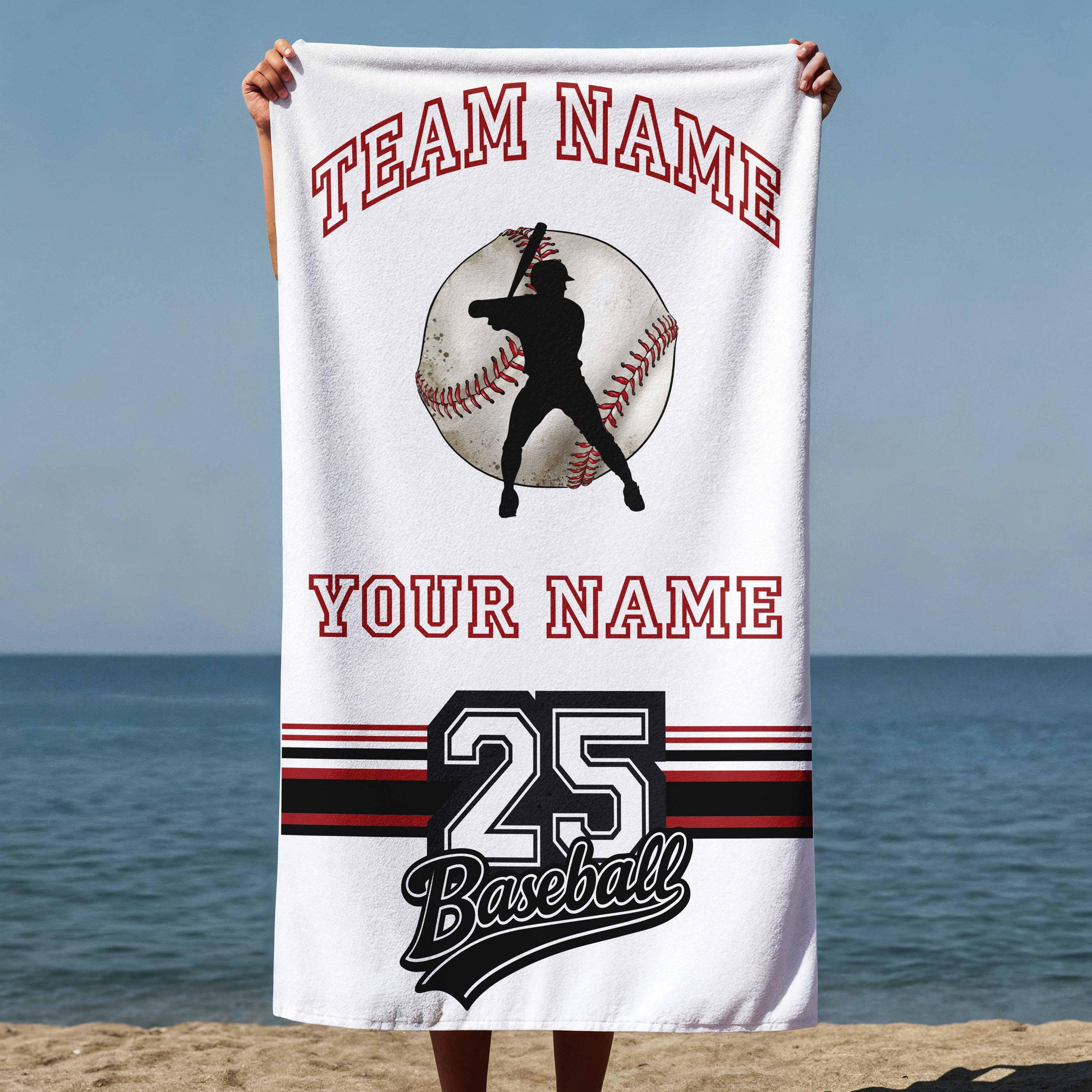 Make It Yours  Custom Baseball Beach Towel with Name & Number – Perfect Summer Essential, Unique Gift for Players, Teams & Baseball Lovers