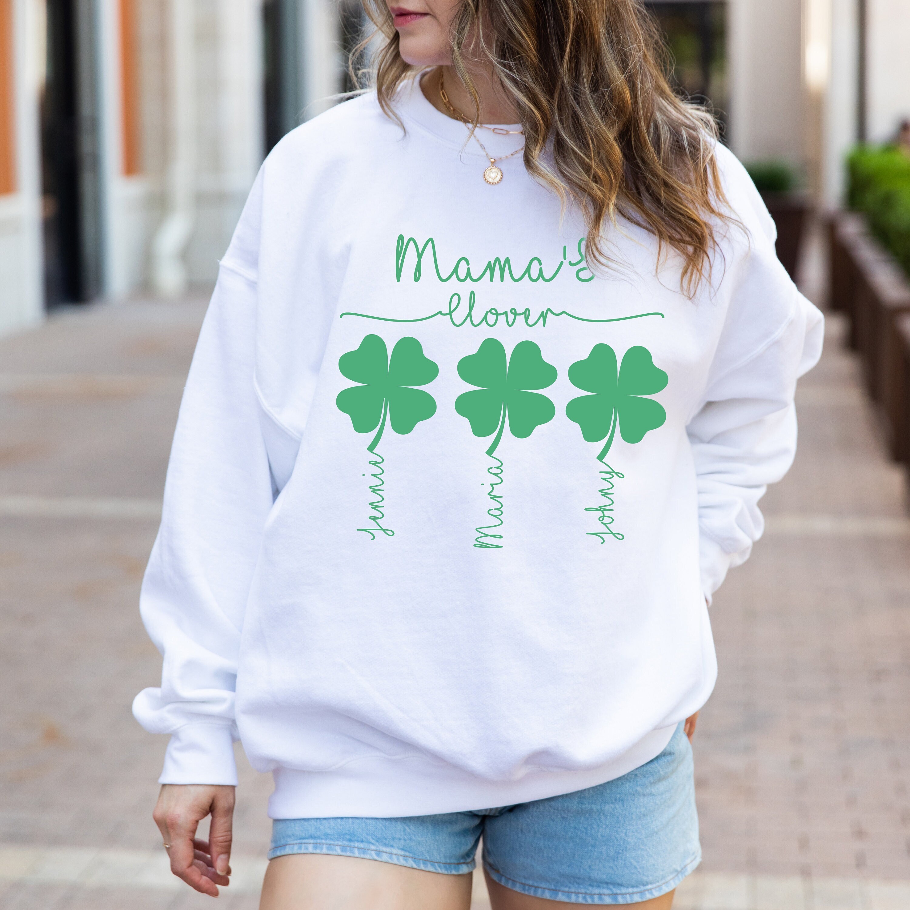 Custom Mama Sweatshirt with Children Name on Clover, Personalized Mom Sweatshirt With Kids Names On Sleeve, Gift for Mom, Floral Mom Shirt