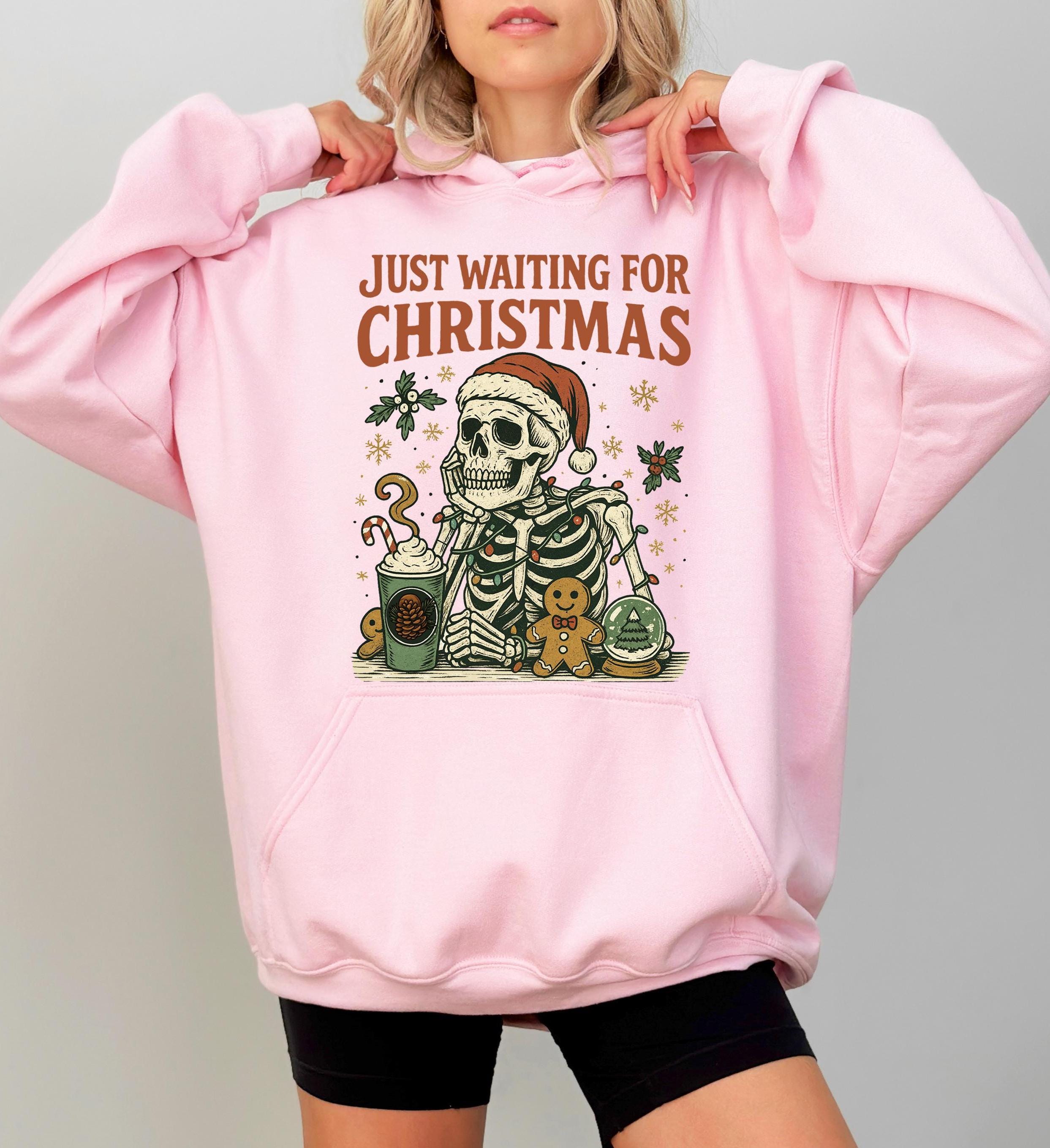 Just Waiting For Christmas Hoodie, Skeleton Christmas Sweatshirt, Santa Skull Hat Sweatshirt, Funny Xmas Gift,Merry Christmas Skeleton Shirt
