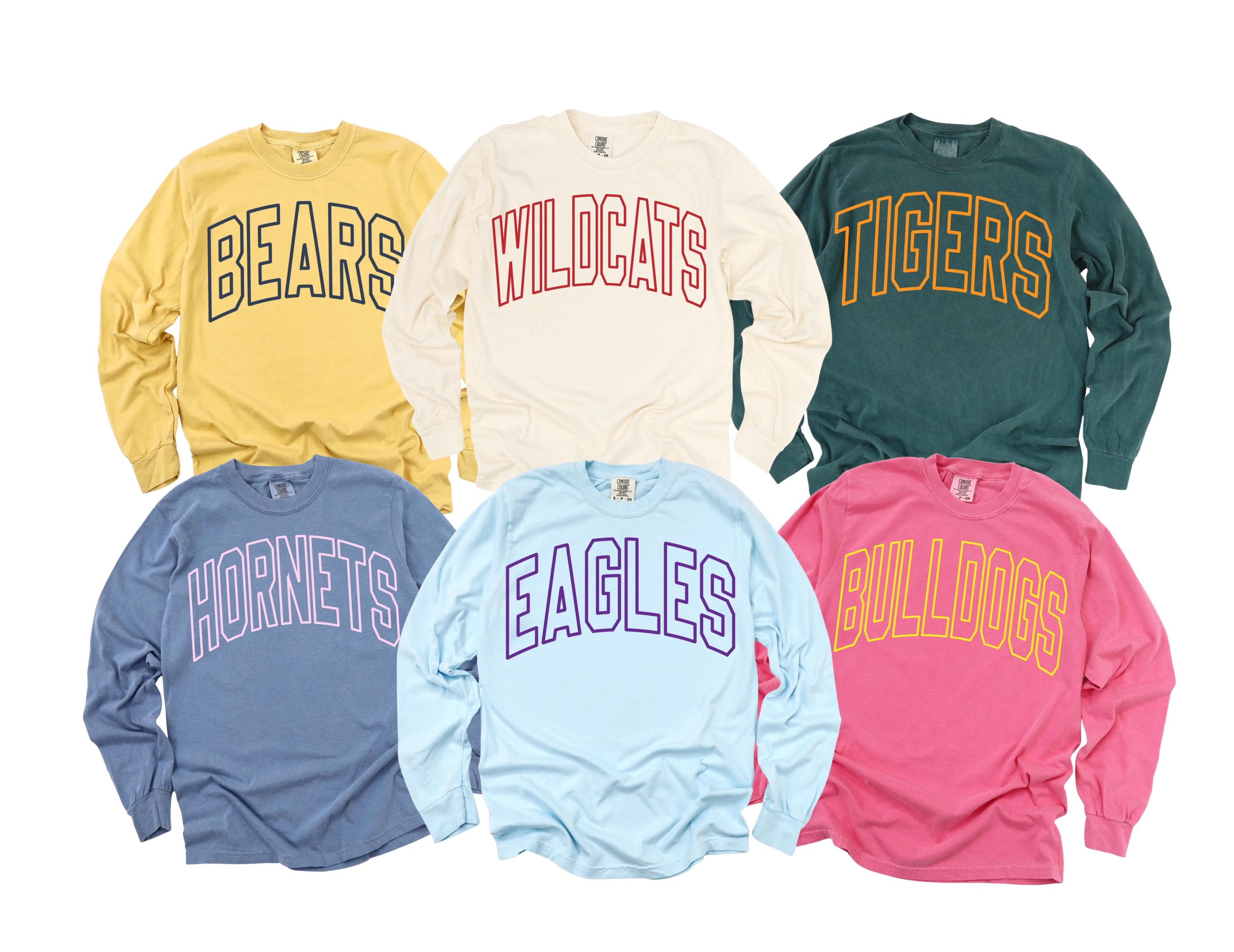 Comfort Colors Custom School Mascot Tshirt, School Logo T-Shirt, Custom Name Gifts For Back To School, Custom Sports Long Sleeve T-Shirt