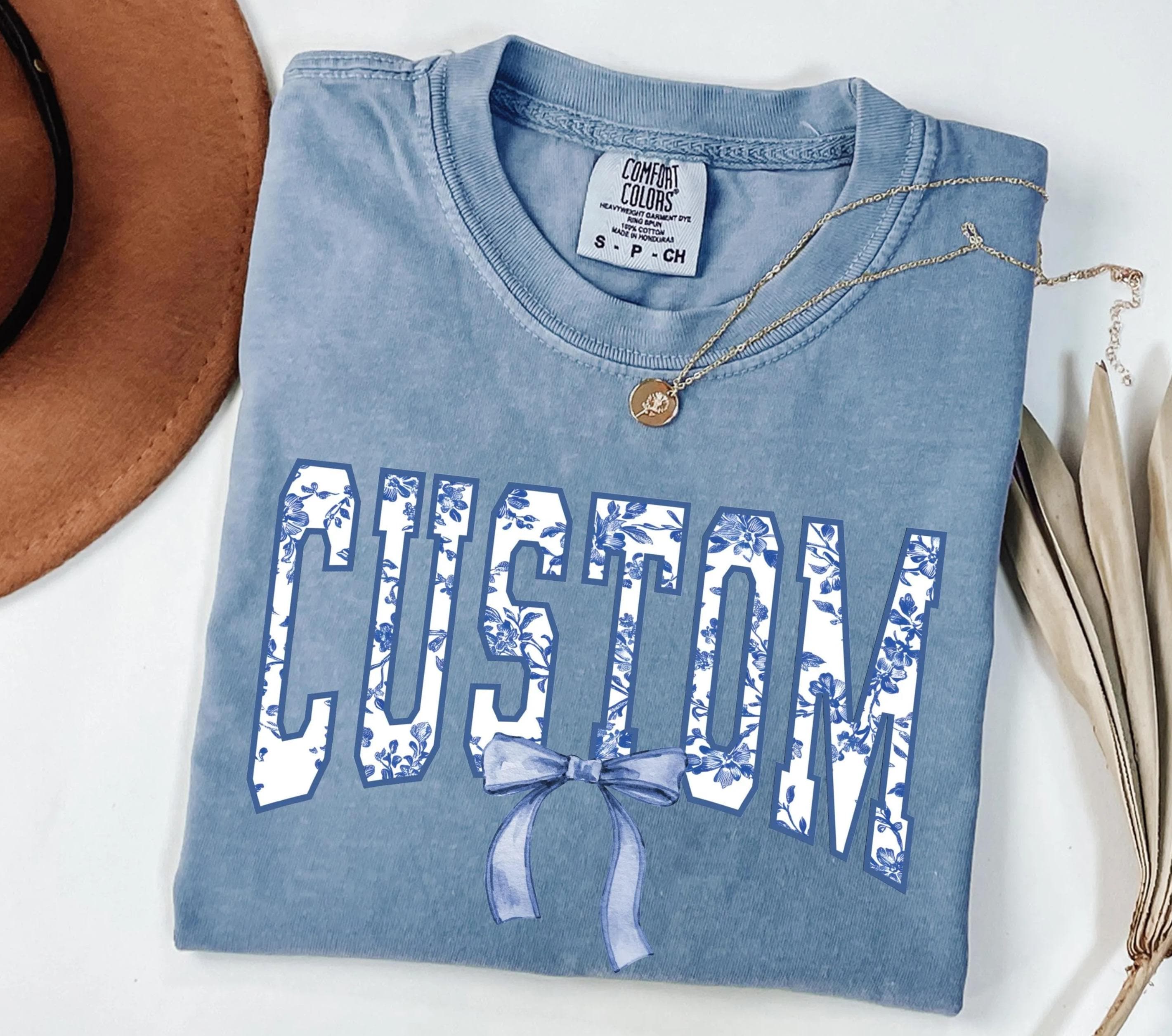 Toile De Jouy Coquette Bow Custom Shirt, Custom Chinoiserie Shirt, Custom Blue Ribbon T-Shirt, Coquette Bow Shirt, Girly Aesthetic T-Shirt