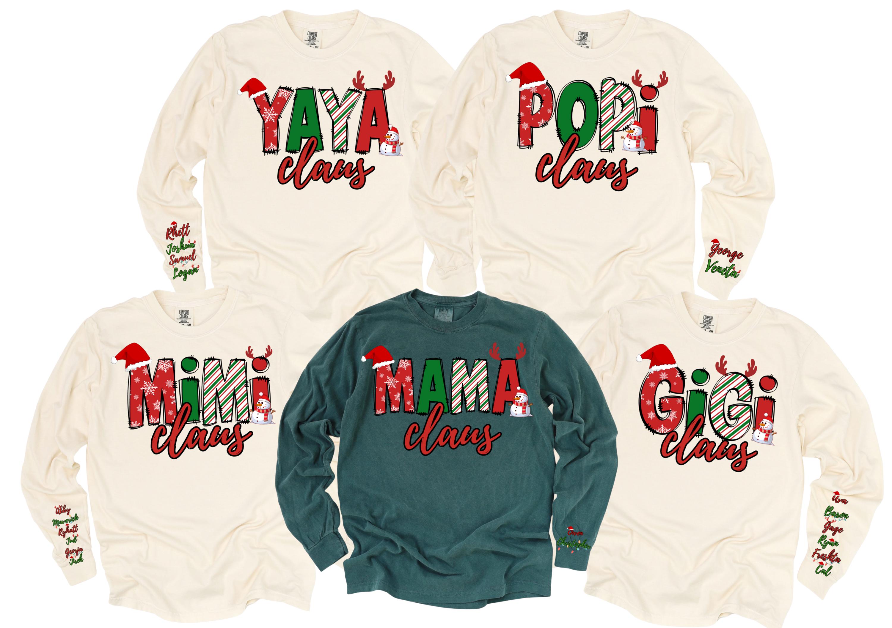 Custom Mama Claus Sweatshirt, Christmas Mimi Gigi Yaya Popi Claus Long Sleeve Shirt, Custom Mama Sweatshirt with Children Name on Sleeve