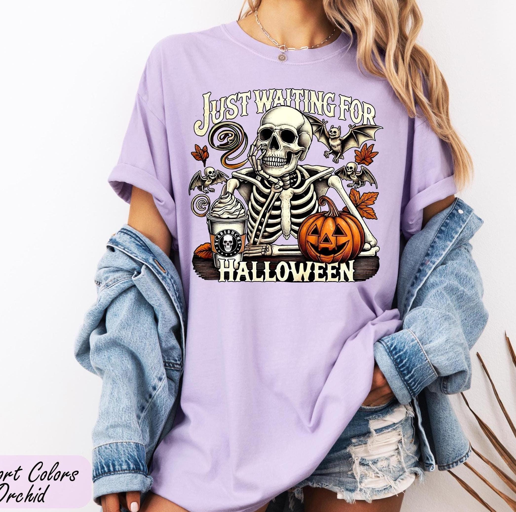 Comfort Colors Just Waiting for Halloween Shirt, Skeleton Halloween Shirt, Halloween Costume, Funny Halloween Shirt, Skeleton Pumpkin Shirt