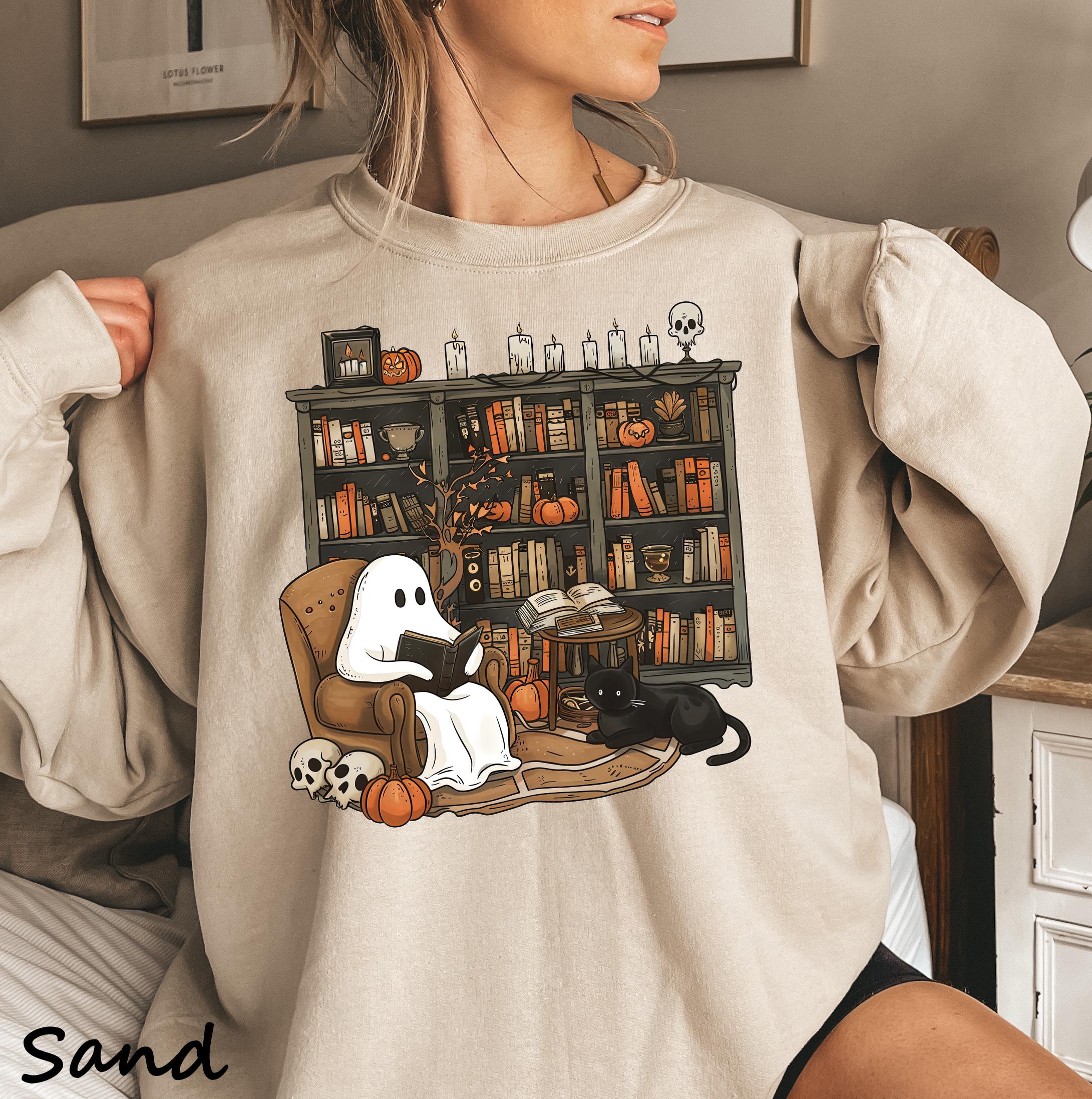 Ghost Reading Books Sweatshirt, Library Ghost Sweatshirt, Halloween Ghost Long Sleeve Shirt , Halloween Teacher Crewneck, Book Lover Gift