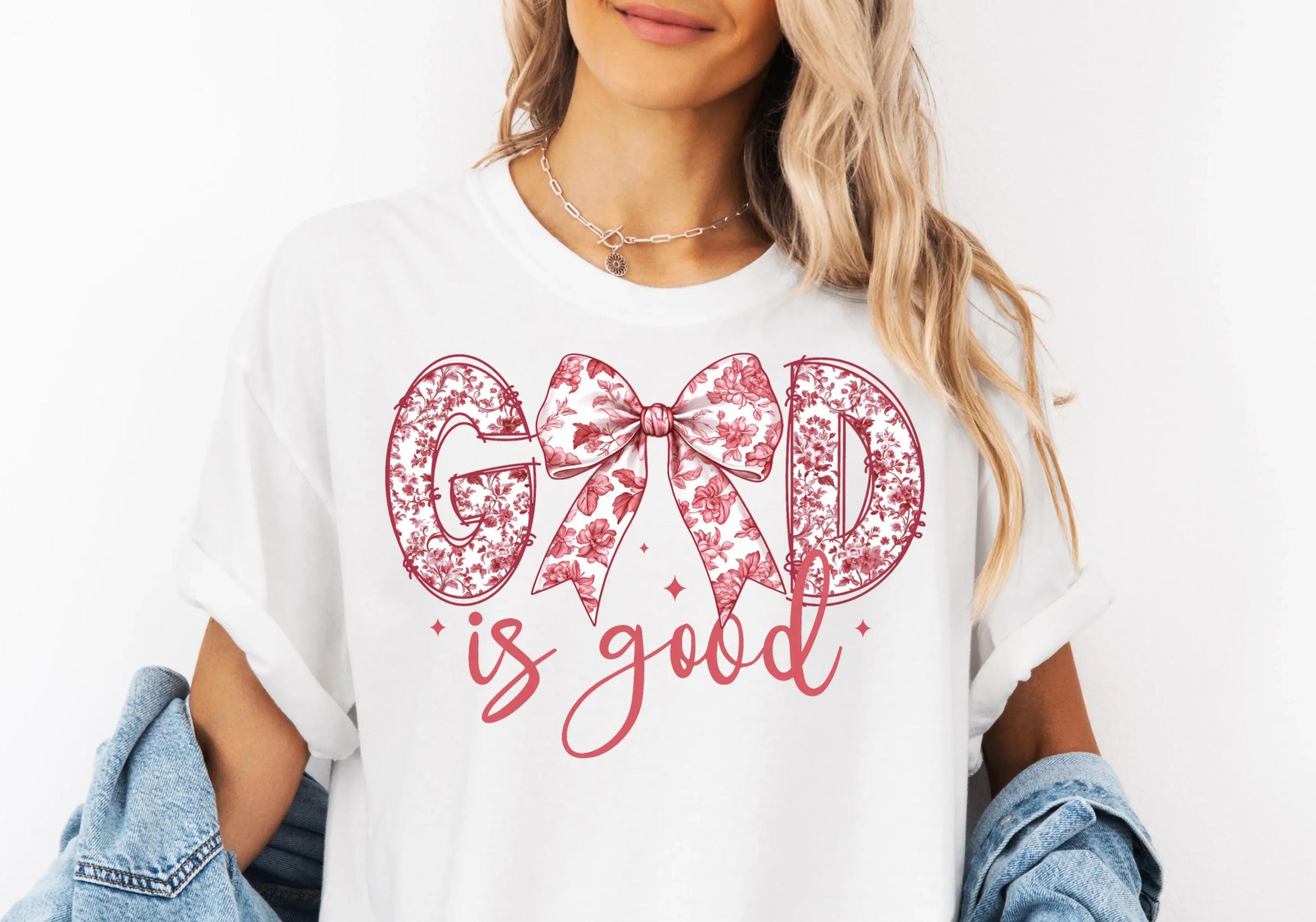 Coquette God is Good T-Shirt, Faith Toile Bow Shirt, Jesus Lover Coquette Shirt, Pink Ribbon Shirt, Religious Gift, Floral Christian Tee