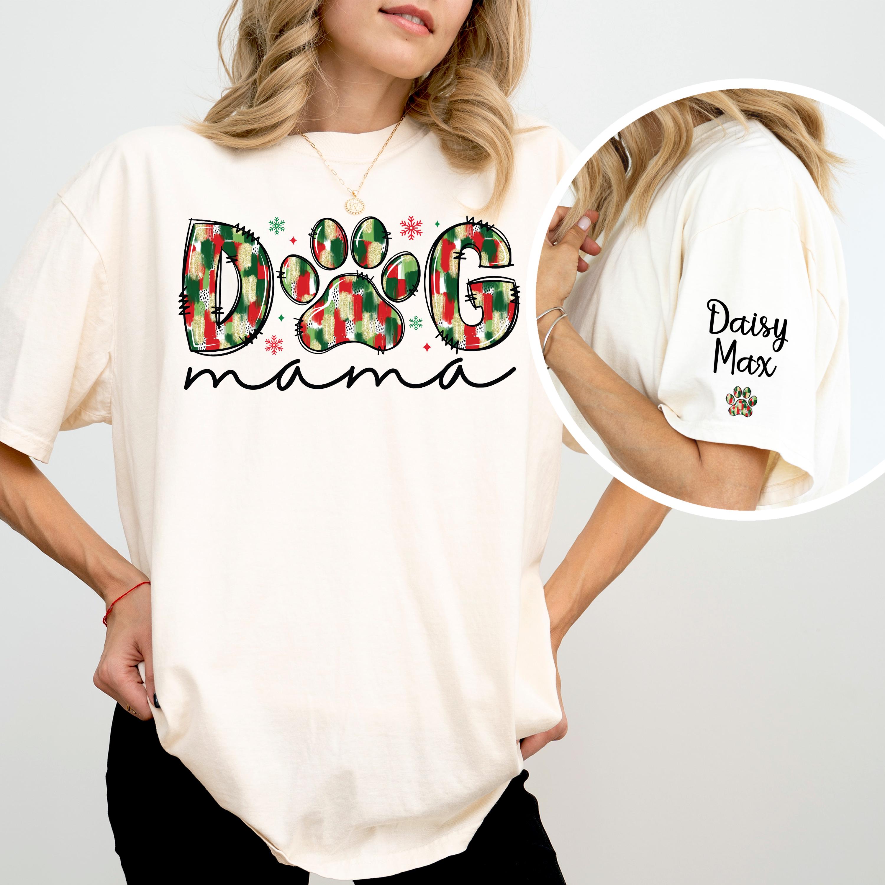 Comfort Colors® Custom Christmas Dog Mama Shirt, Paws on Sleeve Shirt, Xmas Dog Mom T-Shirt, Personalized Dog Lover Holiday Gift For Mom