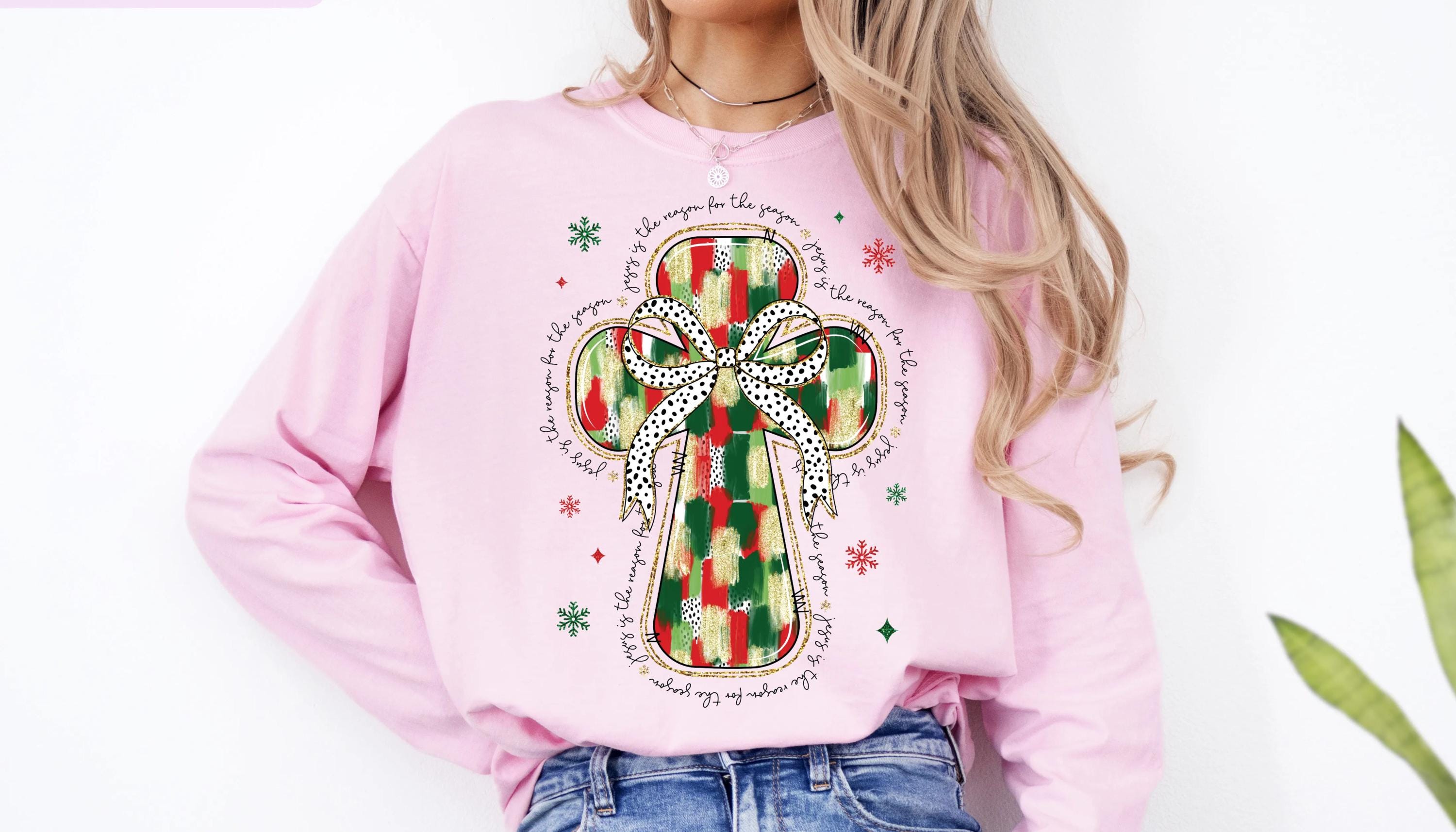 Jesus Is The Reason for the Season Sweatshirt, Christian Christmas Sweatshirt For Women, Holiday Cross And Bow Sweatshirt, Religious Gift