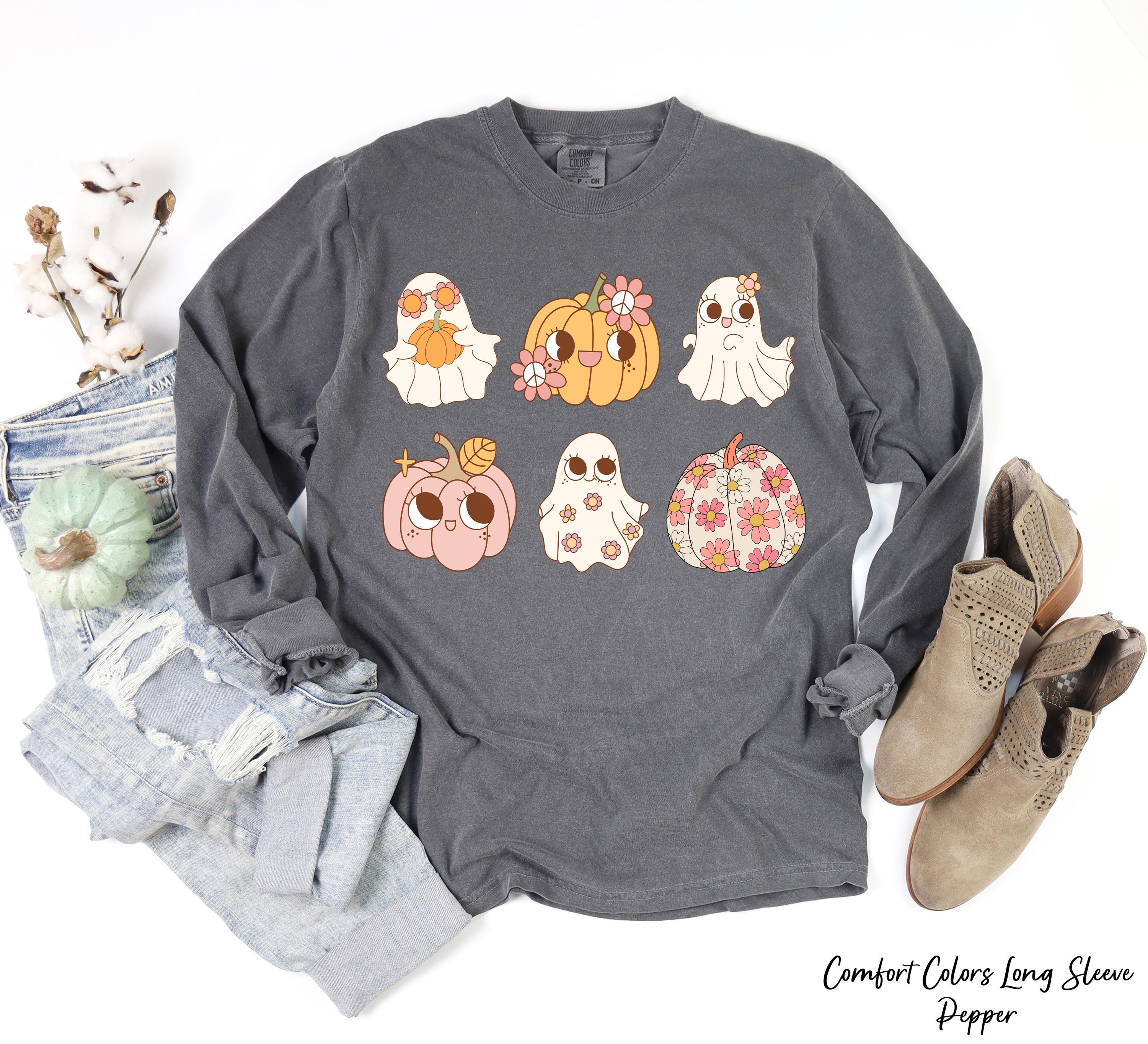 Cute Ghost Sweatshirt, Cute Pumpkin Shirt, Retro Ghost Tee, Women's Halloween Shirt, Fall Sweatshirt, Spooky Season Outdoors,Gift for Her