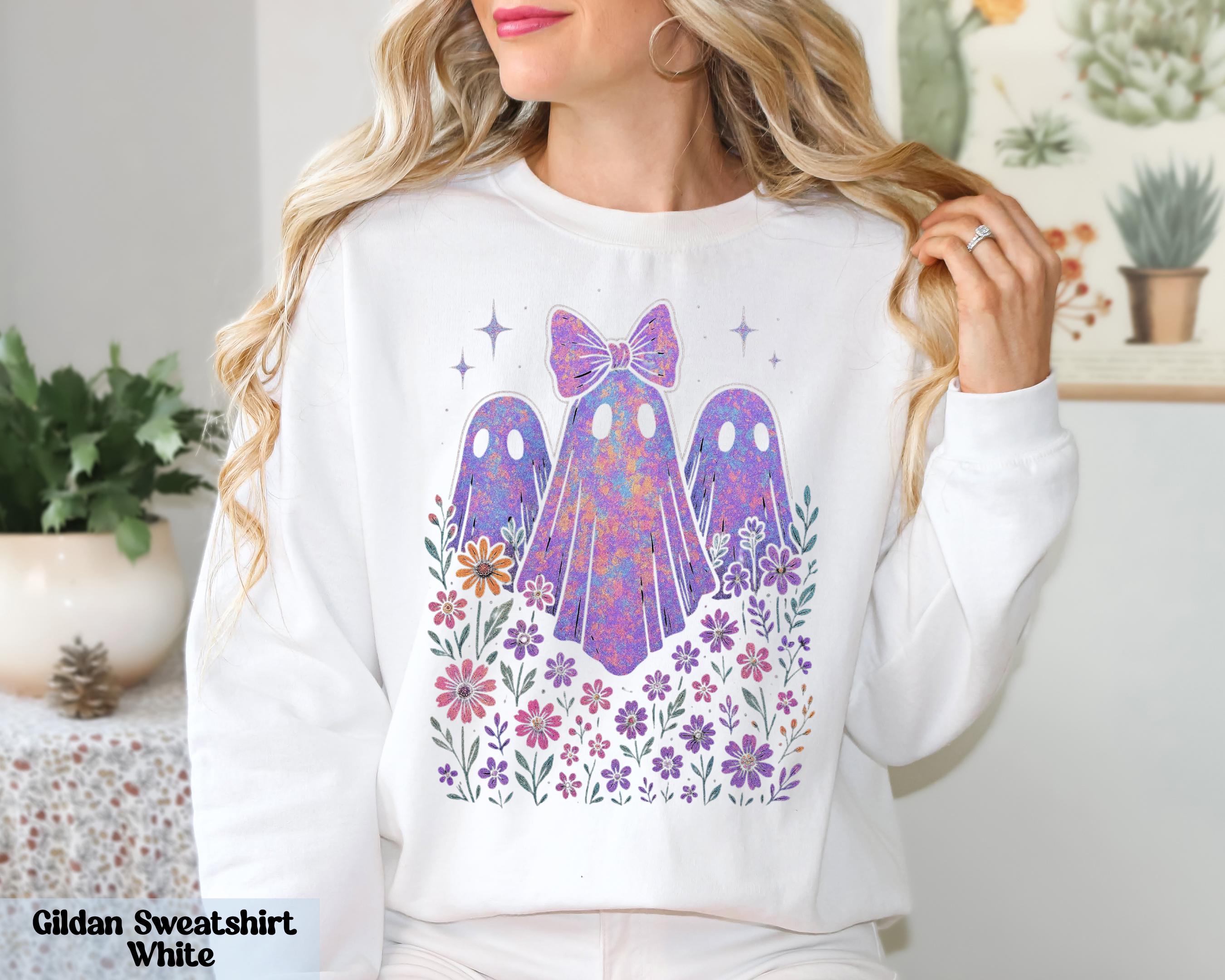 Ghost With Purple Flowers Sweatshirt, Halloween Ghost Crewneck, Floral Ghost Sweater, Flower Halloween Gift, Vintage Ghost Crew Crewneck