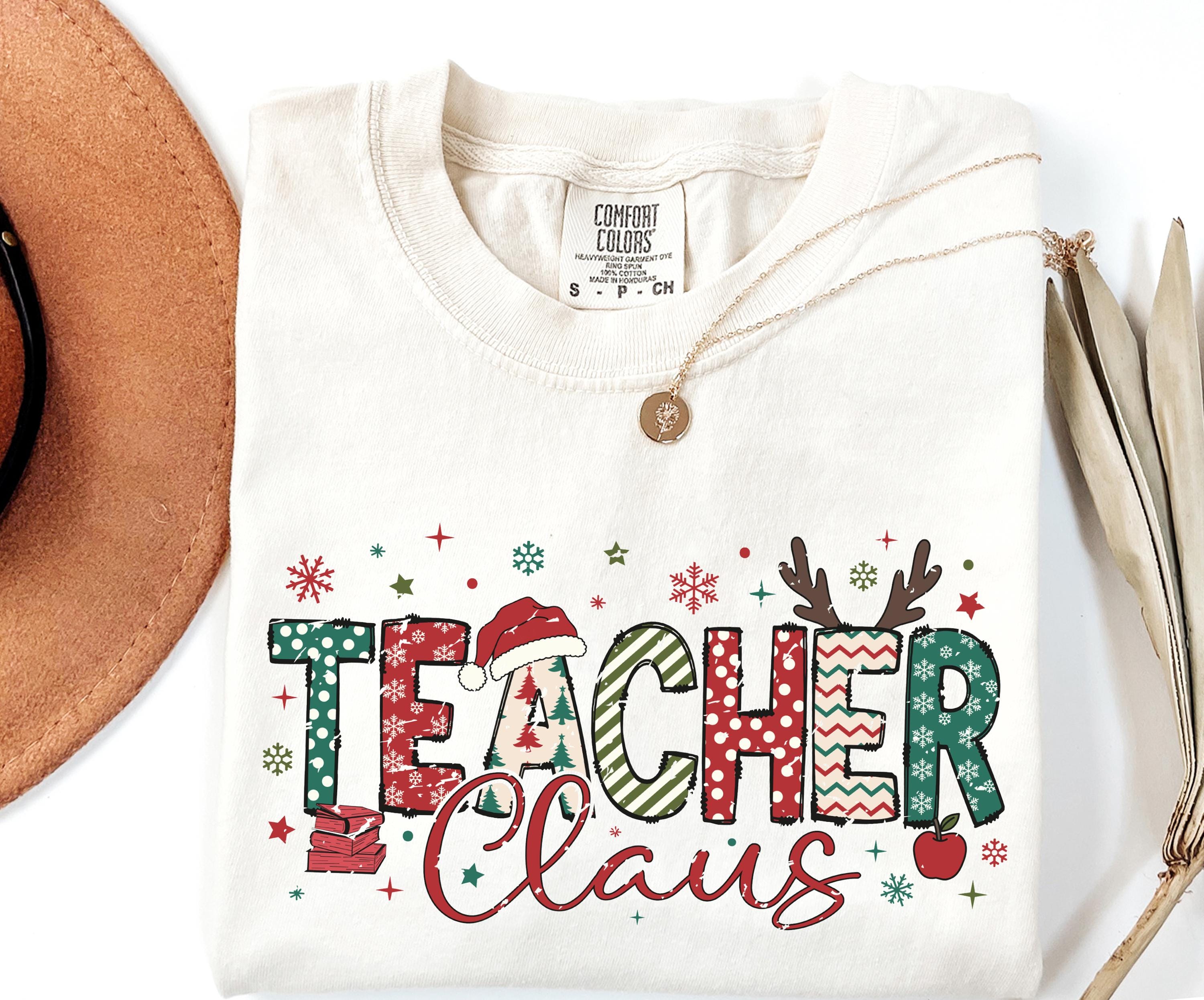 Comfort Colors Christmas Teacher Claus Shirt, School Team Xmas Tee, Merry Christmas, School Christmas Tee, Patchwork Holiday Classroom Tee