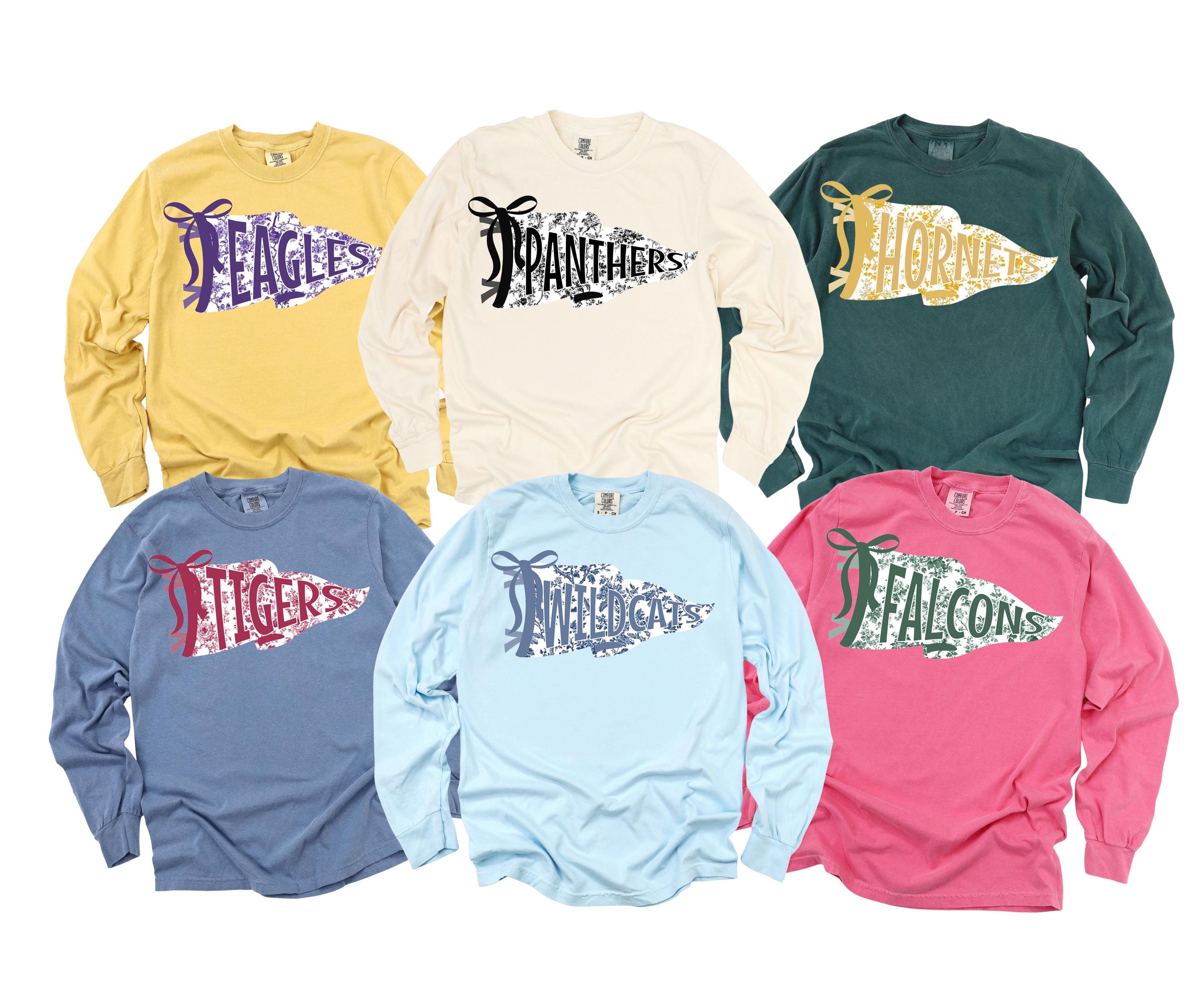 Custom Team Mascot Pennant Sweatshirt, Floral School Spirit Mascot Long Sleeve Tee, Game Day Football Sweatshirt, Cheer Leader Sweatshirt