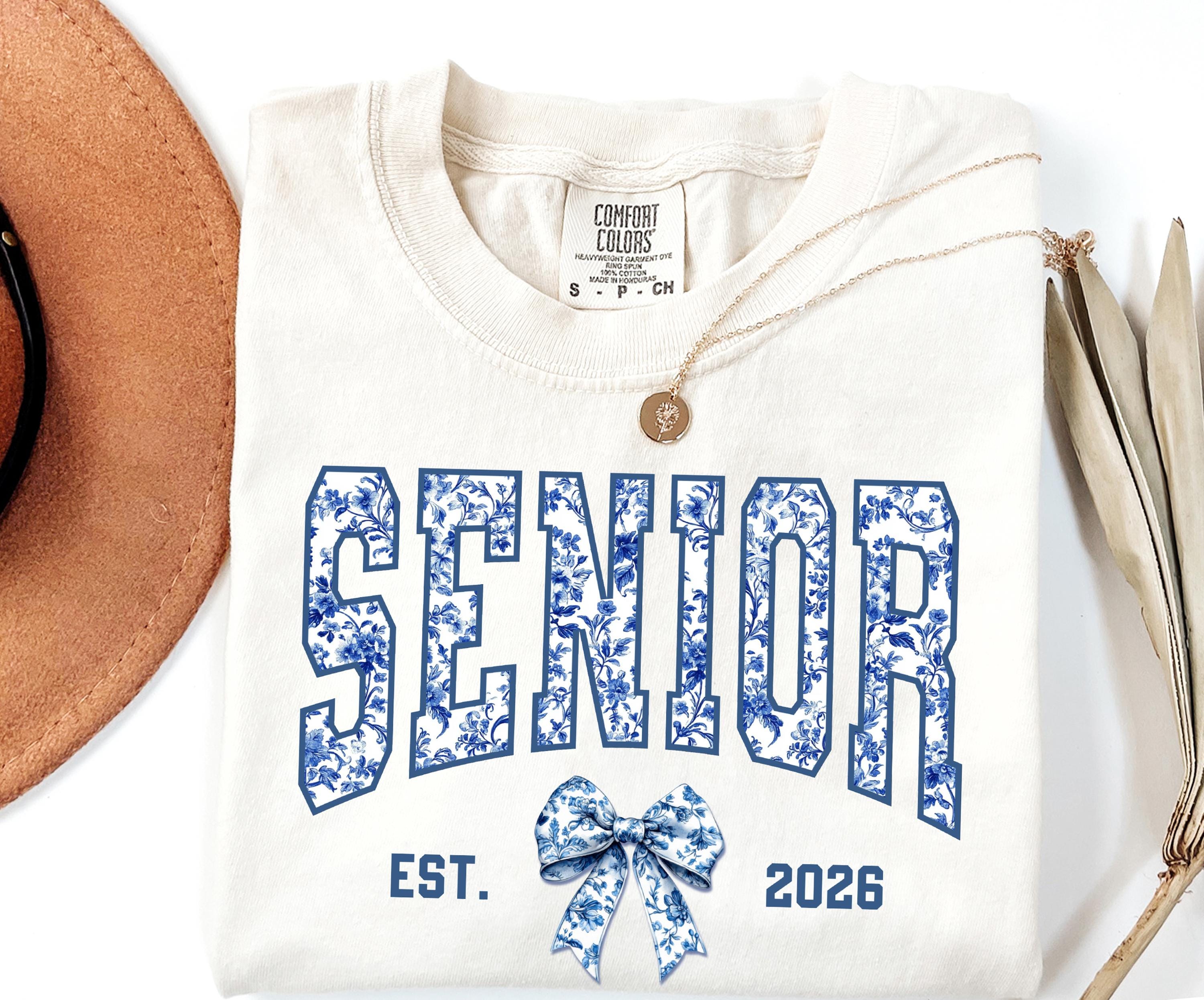 Custom Senior 2026 Coquette Shirt, Toile De Jouy Senior 2026 Shirt, Blue Floral Toile Jouy Bow Senior Shirt, Floral Senior Graduation Tee