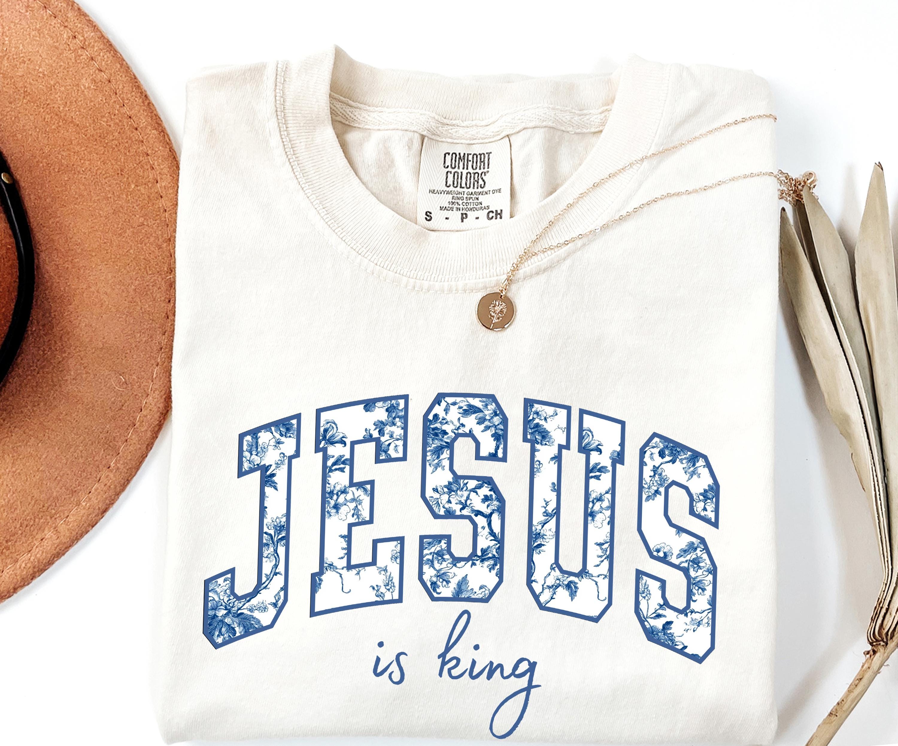 Comfort Colors Jesus Is King Shirt, Blue Floral Toile de Jouy Shirt, Christian Tee Gift, Faith Based Apparel, Christianity Gift, Church Tee