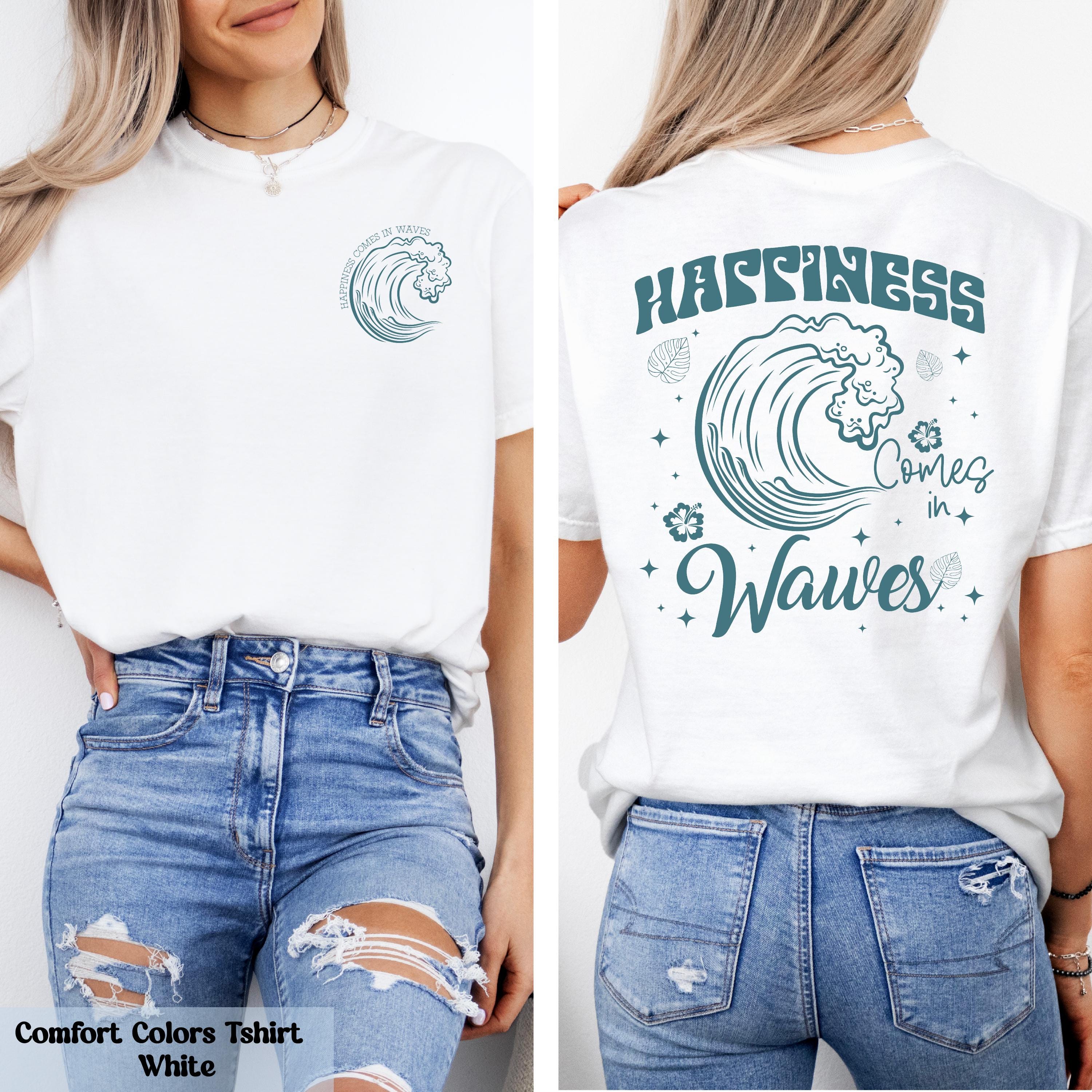 Comfort Colors Happiness Comes in Waves T-Shirt, Ocean Waves Tee, Sun and Wave Shirt, Aesthetic Summer Tee, Summer Trip Shirt, Beach Shirt