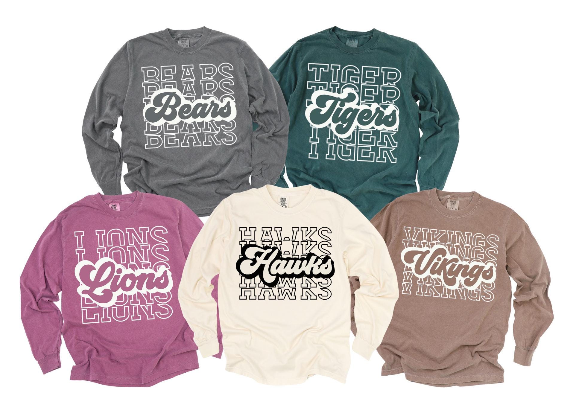 Custom School Mascot Sweatshirt, Customized Team Spirit Long Sleeve Shirt, Game Day Outfit, Stacked Mascot Sweatshirt, Back To School Gift